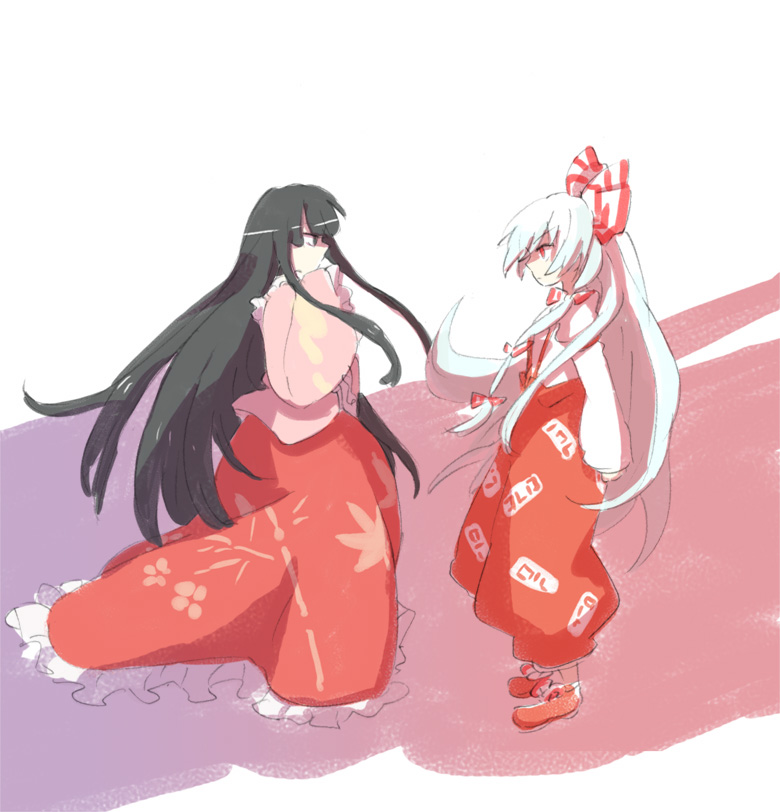 mokeo, fujiwara no mokou, houraisan kaguya, touhou, black legwear, silver hair, 2girls, female focus, full body, long hair, long sleeves, multiple girls, ofuda, pants, red eyes, sidelocks, standing, suspenders, very long hair