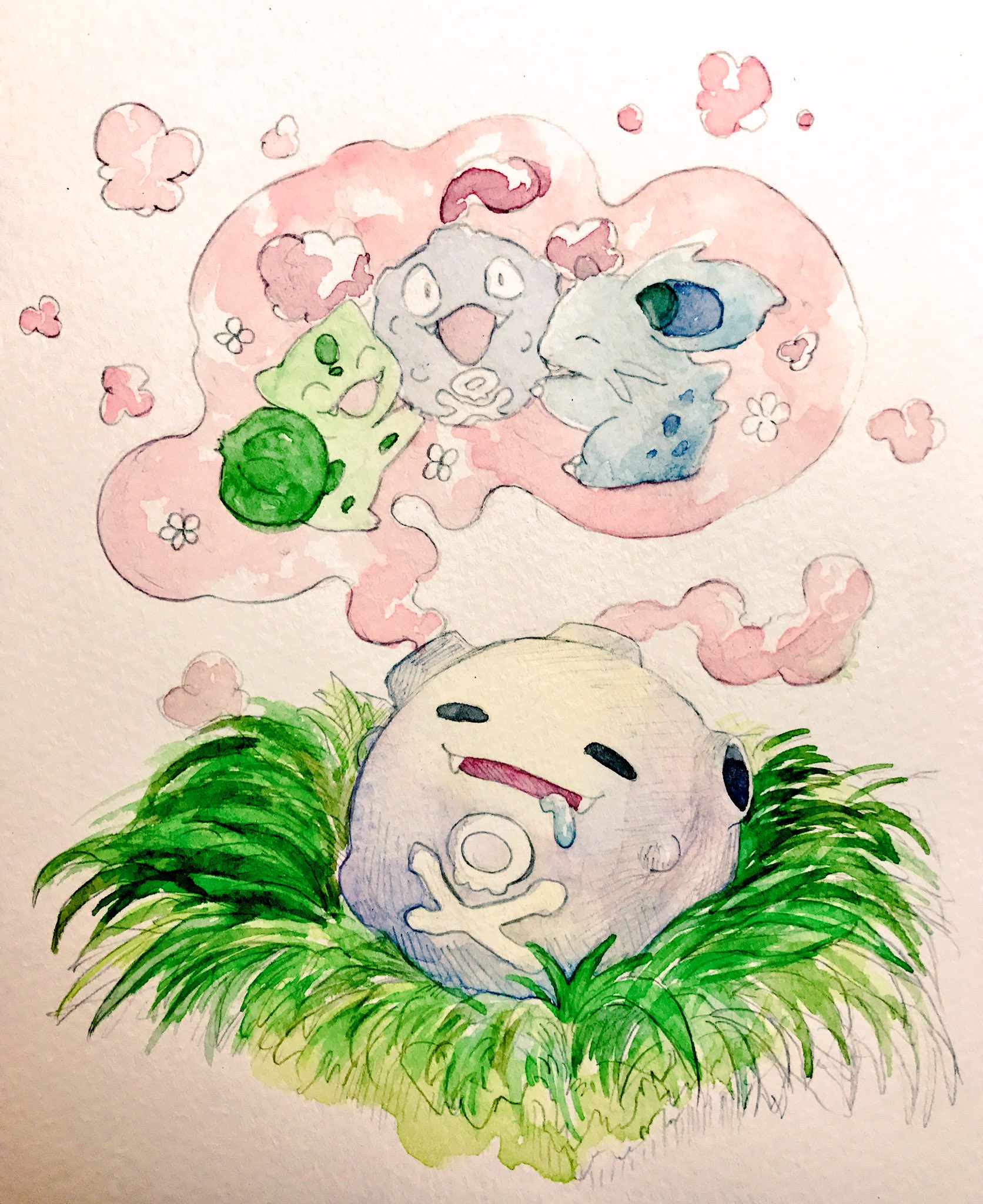 mint nappa, bulbasaur, koffing, nidoran, nidoran (female), nintendo, pokemon, commentary request, highres, painting (medium), traditional media, watercolor (medium), closed eyes, dreaming, drooling, fangs, gen 1 pokemon, no humans, open mouth, pokemon (creature), simple background