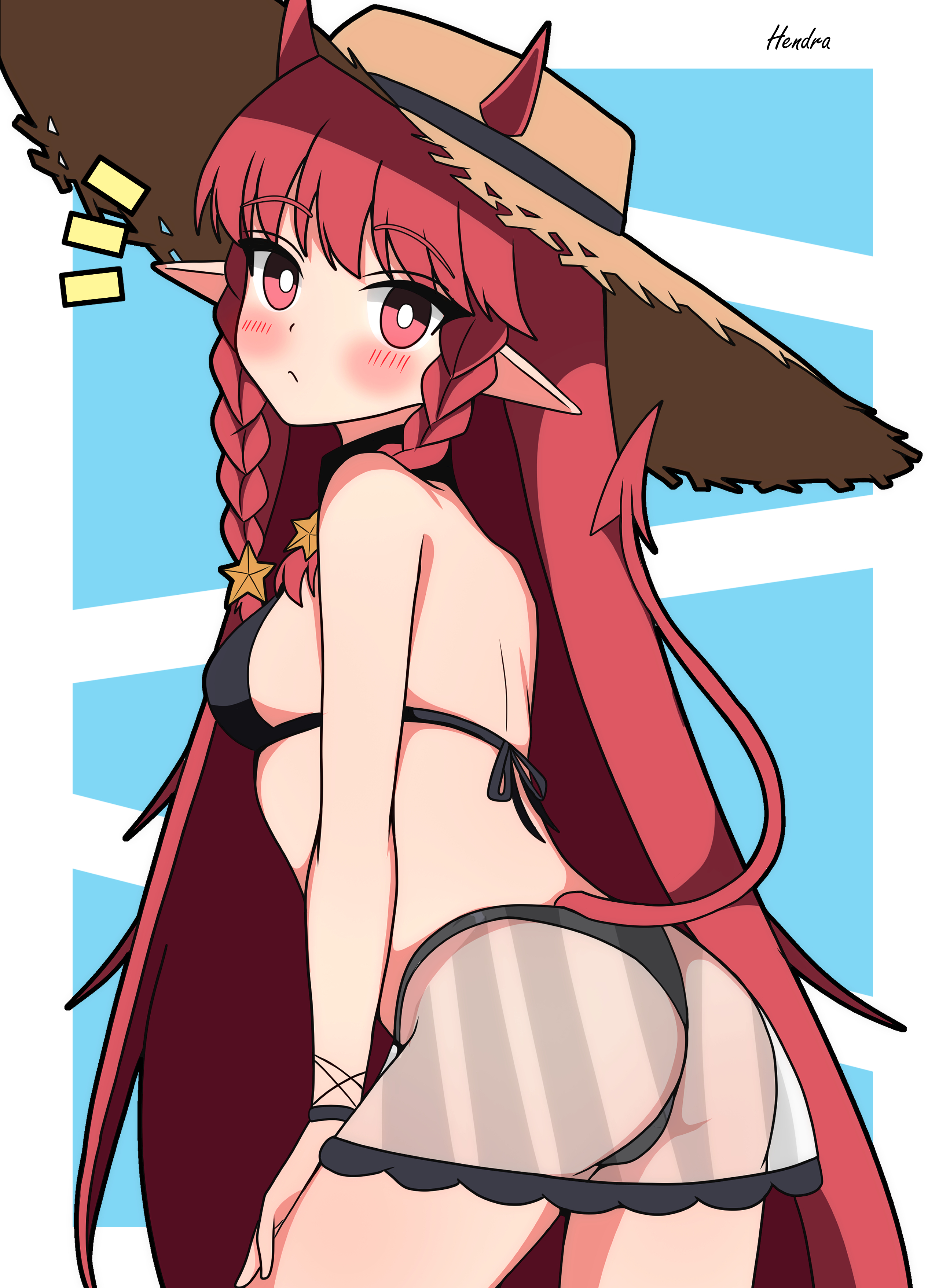 hendra, vigna (arknights), vigna (casual vacation) (arknights), arknights, absurdres, commentary, highres, 1girl, ass, bikini, black bikini, blush, braid, breasts, demon tail, hair ornament, hat, horns, horns through headwear, long hair, looking at viewer, official alternate costume, pointy ears, red eyes, red hair, see-through clothes, see-through skirt, skirt, solo, star (symbol), star hair ornament, straw hat, swimsuit, tail, twin braids, very long hair