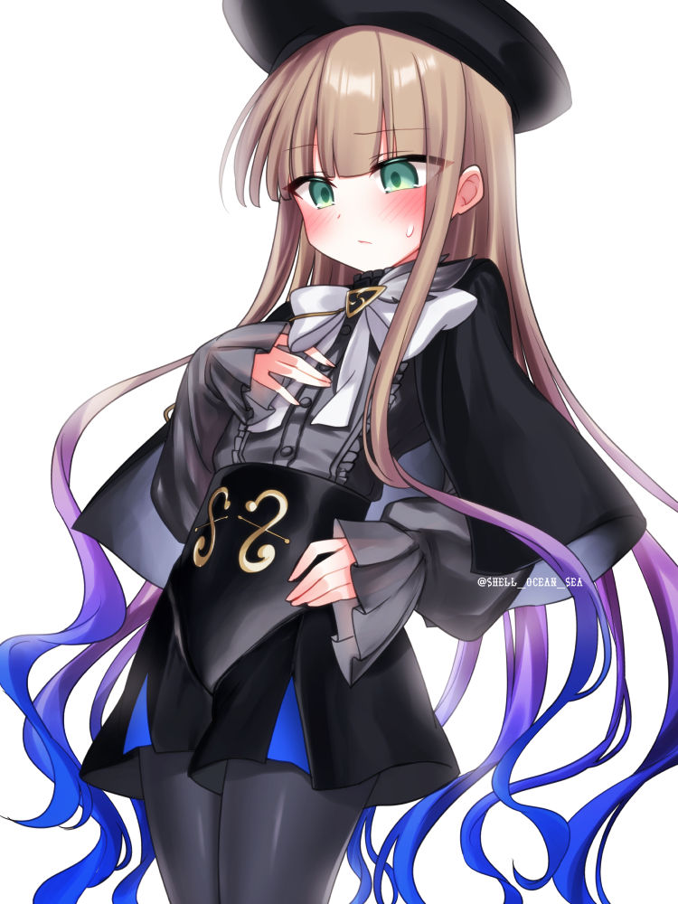 shell ocean, fate/grand order, fate (series), 1boy, aiguillette, beret, black capelet, black hat, black shorts, blonde hair, blue hair, blush, bow, bowtie, capelet, gradient hair, green eyes, grey pantyhose, grey shirt, hat, hat feather, high-waist shorts, long hair, long sleeves, multicolored hair, nemo (fate/grand order arcade), pantyhose, shirt, shorts, thighs, two-tone hair, very long hair