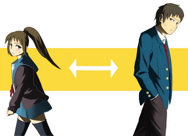 kyon, kyonko, suzumiya haruhi no yuuutsu, bad id, bad pixiv id, gender request, 00s, 1boy, 1girl, arrow (symbol), dual persona, genderswap, ponytail, school uniform, serafuku, thighhighs
