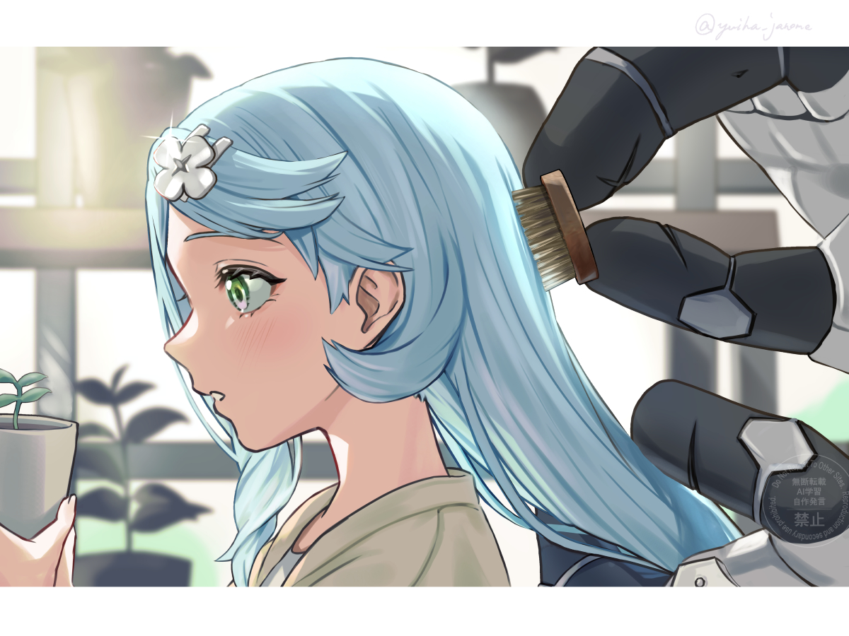 janome yuiwa, seed (zenless zone zero), seed sr., zenless zone zero, 1girl, aqua eyes, aqua hair, brushing hair, from side, holding, holding brush, holding plant, letterboxed, long hair, open mouth, plant, solo focus, watermark