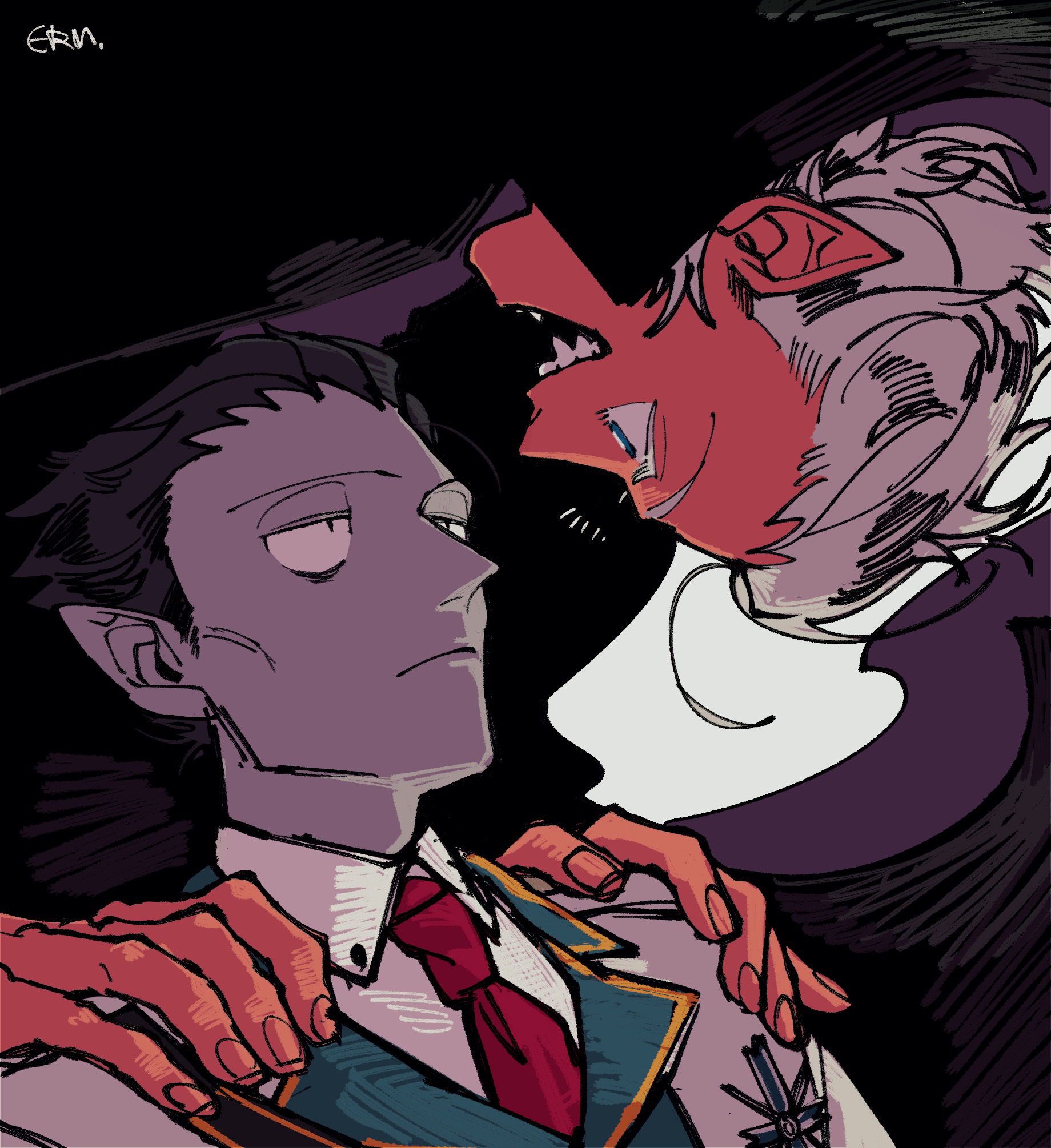 erm nkcn, draluc (kyuuketsuki sugu shinu), ronaldo (kyuuketsuki sugu shinu), kyuuketsuki sugu shinu, highres, 2boys, black hair, blue eyes, cheekbones, closed mouth, collared shirt, colored skin, fingernails, male focus, multiple boys, necktie, open mouth, pointy ears, pointy nose, purple skin, red necktie, shirt, short hair, teeth, vampire