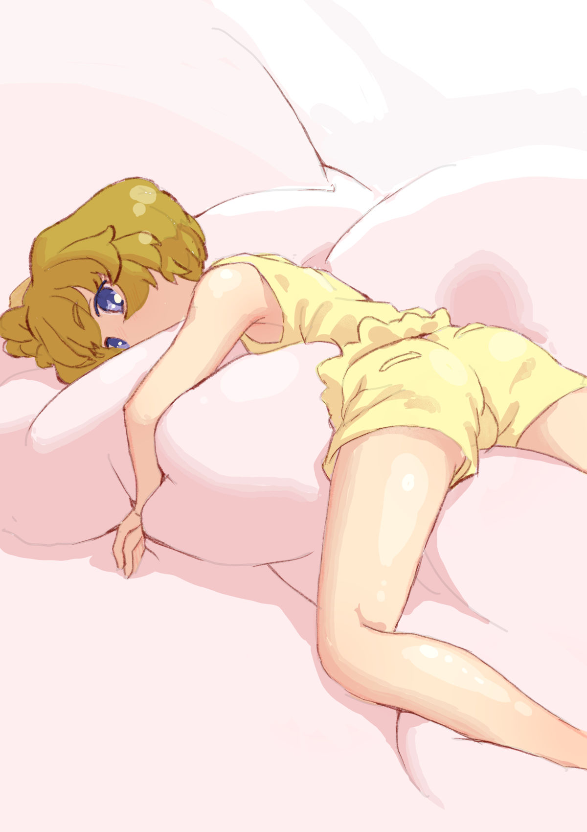 ei (eikun), ichinose minori, precure, tropical-rouge! precure, pink pillow, highres, 1girl, ass, ass focus, blue eyes, looking at viewer, lying, no mouth, no nose, no shoes, on stomach, pillow, pillow grab, pink background, shirt, short hair, shorts, sleeveless, solo, solo focus, thick eyebrows, yellow shirt, yellow shorts