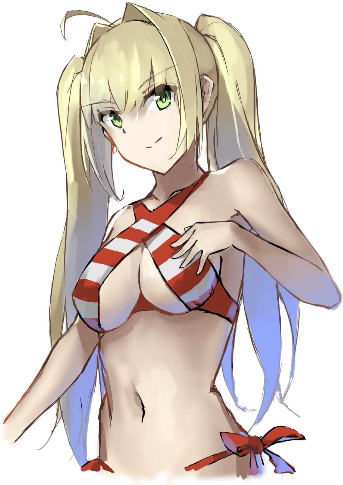 xkirara39x, nero claudius (fate), fate/grand order, fate (series), commentary, highres, 1girl, ahoge, bikini, blonde hair, breasts, collarbone, criss-cross halter, green eyes, halterneck, looking at viewer, multicolored bikini, navel, red bikini, side-tie bikini bottom, simple background, smile, solo, striped bikini, striped clothes, swimsuit, two-tone bikini, white background, white bikini