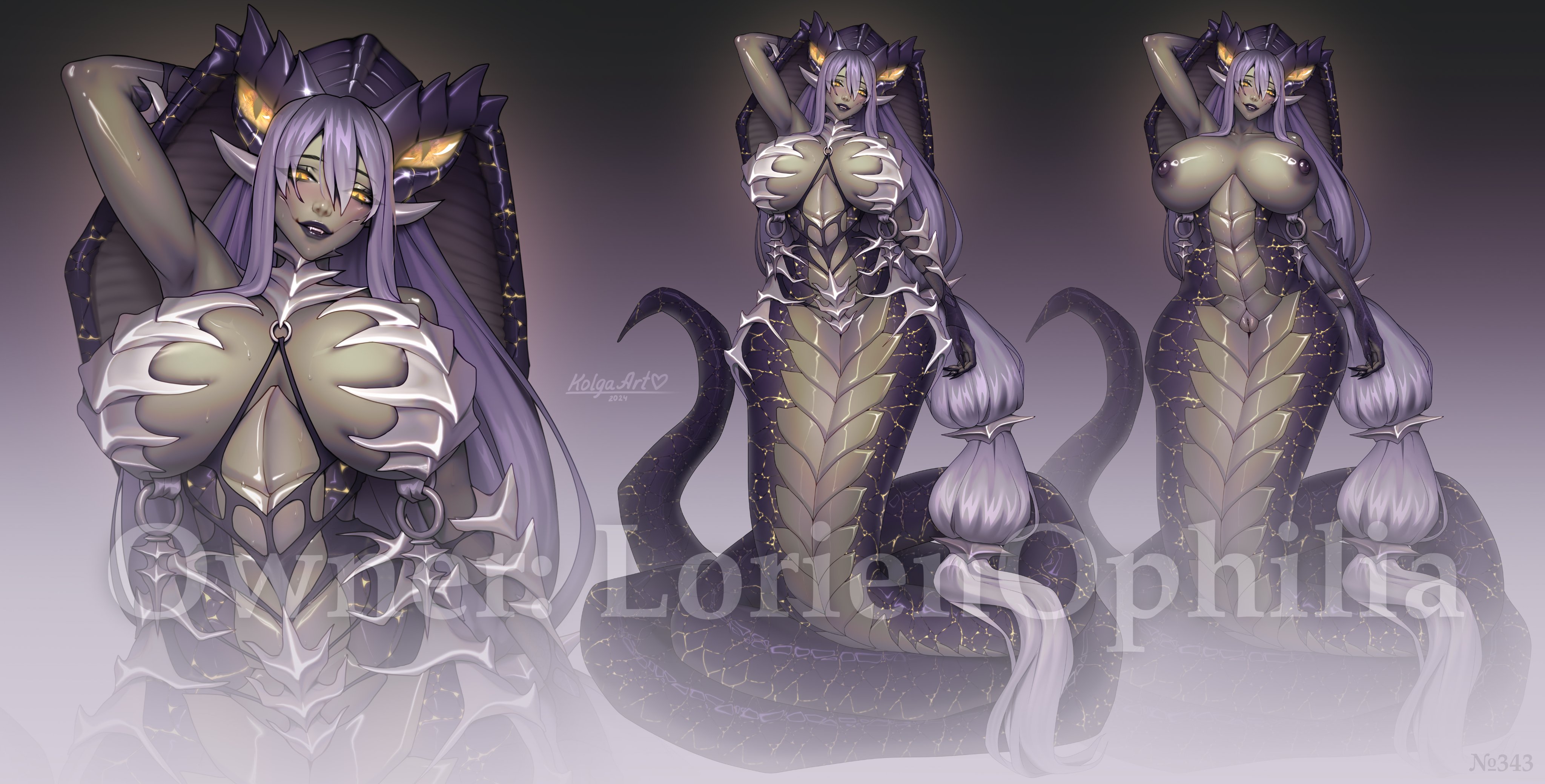 kolga art, highres, 1girl, arm behind head, black sclera, breasts, colored sclera, colored skin, horns, huge breasts, lamia, large breasts, long hair, looking at viewer, low-tied long hair, monster girl, multiple views, nipples, pointy ears, purple hair, scales, smile, very long hair, yellow eyes