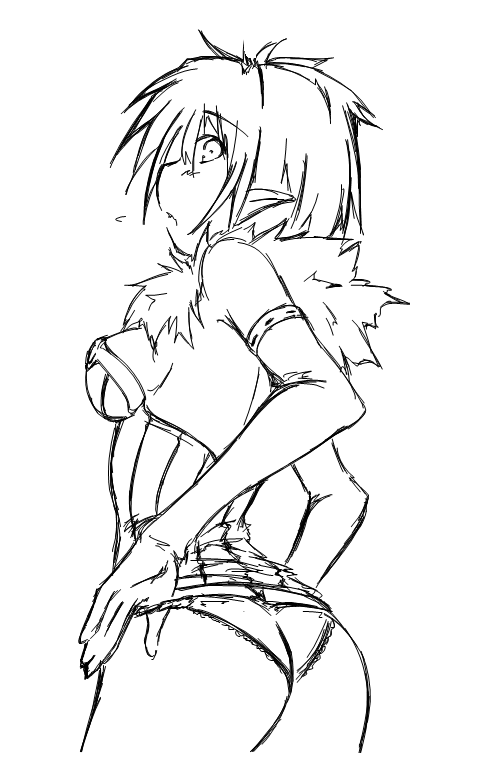 kaminagi (kaminagi-tei), alchemist (ragnarok online), ragnarok online, 1girl, alchemist, ass, blush, boots, breasts, cleavage, elbow gloves, female focus, gloves, greyscale, monochrome, panties, pointy ears, skirt, solo, underwear