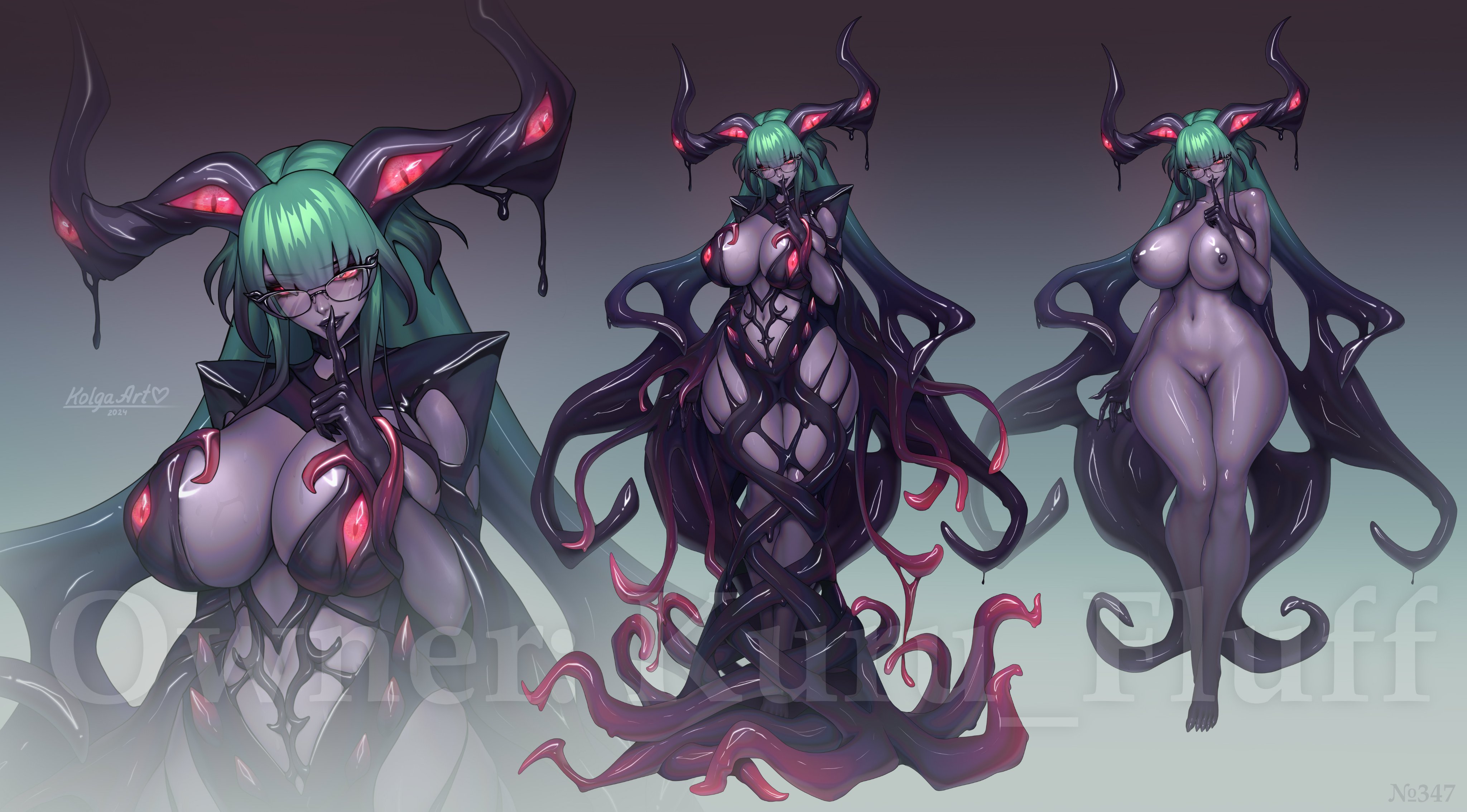 kolga art, highres, 1girl, breasts, colored skin, curvy, finger to mouth, full body, glasses, gradient background, green hair, horns, huge breasts, large breasts, long hair, looking at viewer, monster girl, multiple views, navel, nipples, nude, purple skin, red eyes, smile, tentacle hair, tentacles, thick thighs, thighs, wide hips