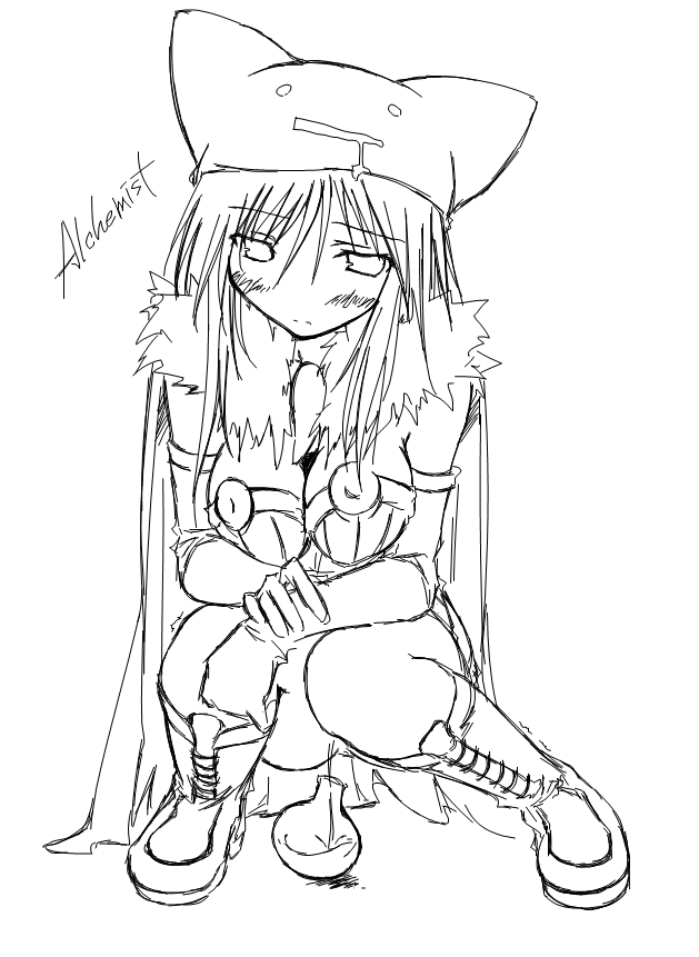 kaminagi (kaminagi-tei), alchemist (ragnarok online), ragnarok online, 1girl, alchemist, blush, boots, breasts, cape, cleavage, deviruchi hat, elbow gloves, female focus, gloves, greyscale, hat, monochrome, pee, peeing, sitting, skirt, solo
