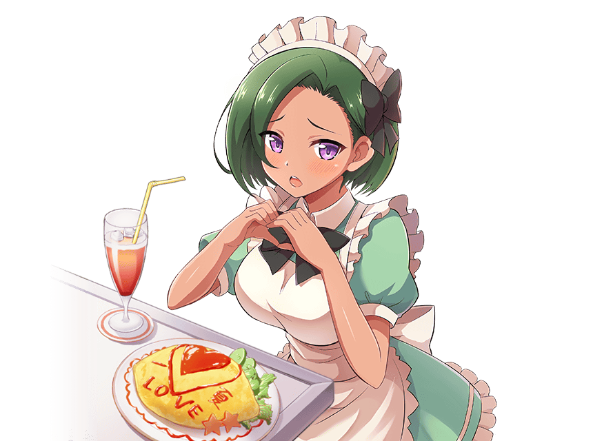 infinite stratos, infinite stratos: archetype breaker, non-web source, official art, 1girl, apron, black bow, blush, bow, bowtie, breasts, dark skin, drink, drinking straw, food, green hair, large breasts, looking at viewer, maid, maid headdress, omelet, omurice, open mouth, purple eyes, short hair, short sleeves, solo, tan, tray, vishnu isa galaxy