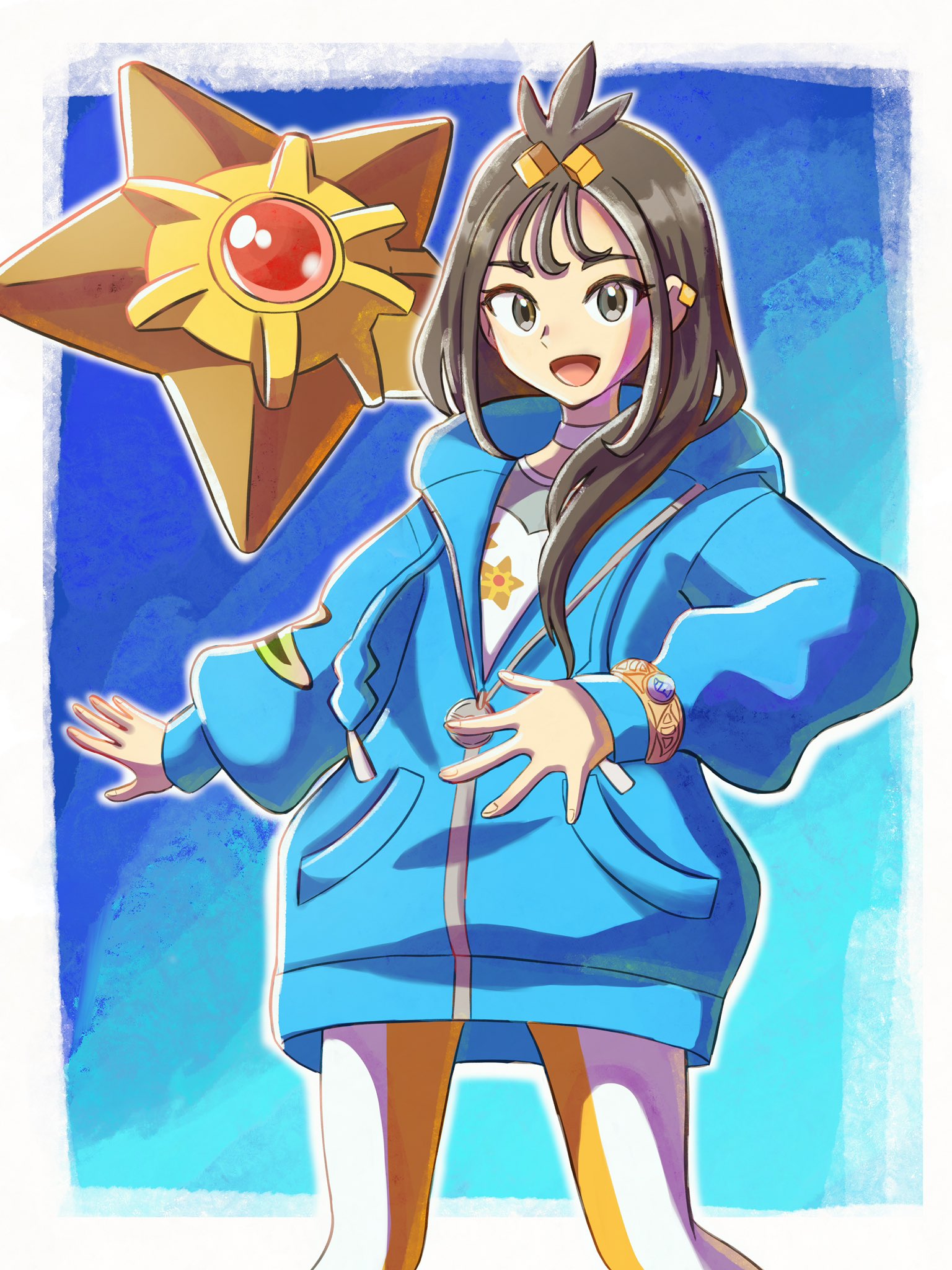 painter rin, lida (pokemon), staryu, nintendo, pokemon, pokemon legends: z-a, highres, 1girl, black hair, blue hoodie, cube hair ornament, earclip, gen 1 pokemon, grey eyes, hair ornament, hood, hood down, hoodie, leggings, long hair, long sleeves, looking at viewer, open mouth, orange leggings, pokemon (creature), shirt, smile, two-tone legwear, white leggings, wispy bangs