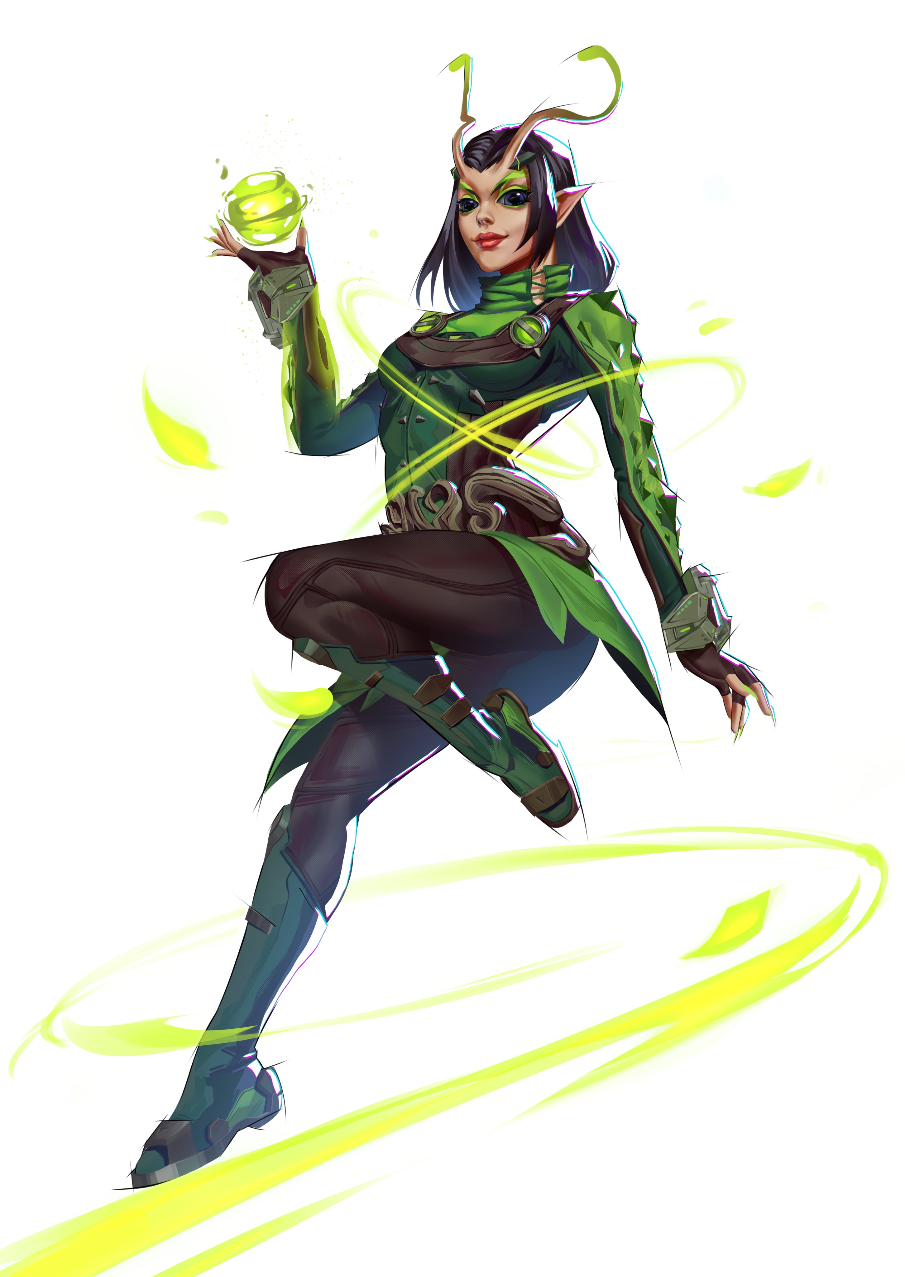 nsfwpork, mantis (marvel), marvel, marvel rivals, absurdres, highres, 1girl, antennae, black hair, boots, brown gloves, brown pants, fingerless gloves, full body, gloves, green boots, green jacket, jacket, looking at viewer, magic, pants, pointy ears, simple background, solo, white background