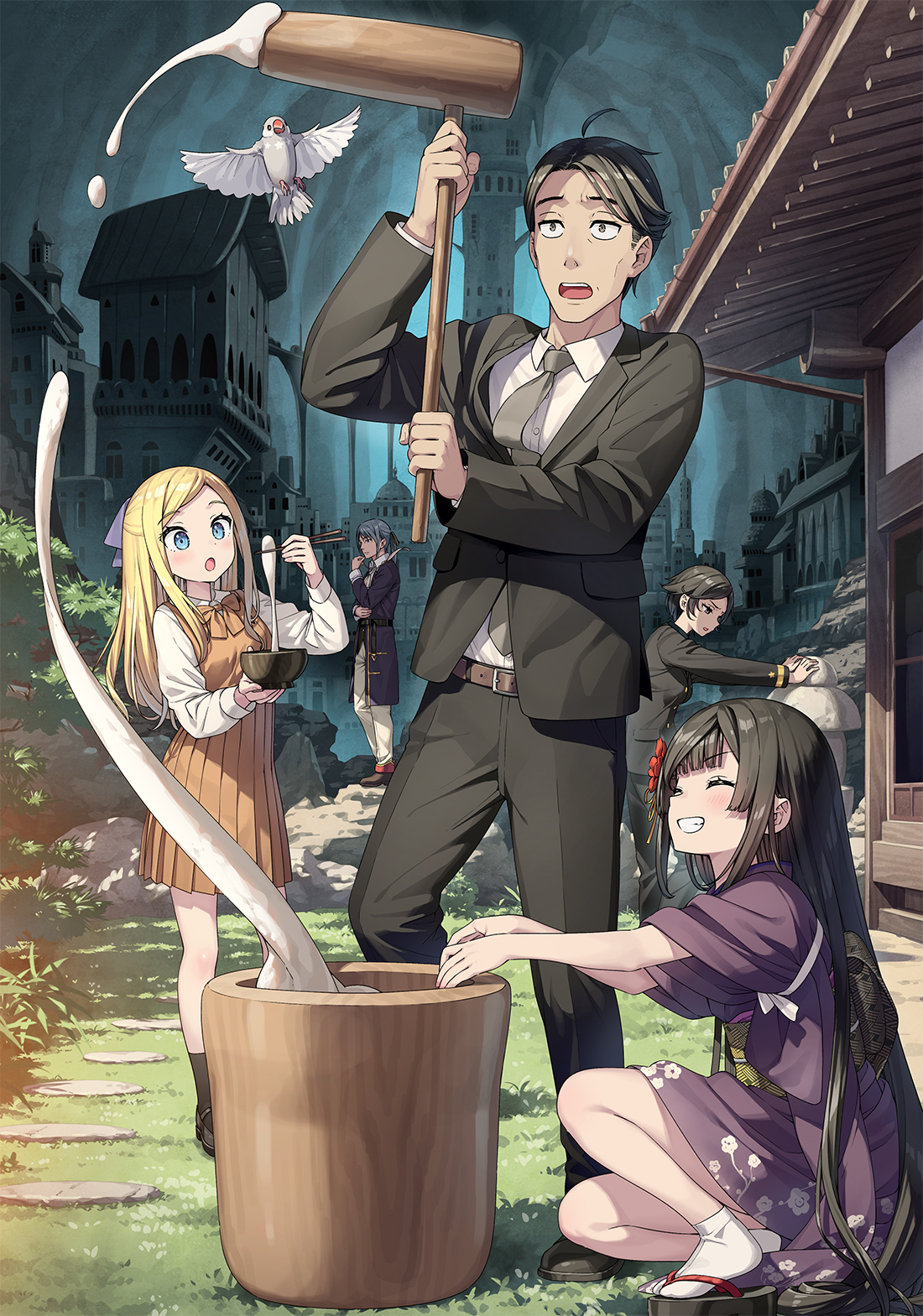 kantoku, elsa muller (sasaki to p-chan), futarishizukashi (sasaki to p-chan), inukai-san (sasaki to p-chan), p-chan (sasaki to p-chan), sasaki (sasaki to p-chan), sasaki to p-chan, highres, official art, 2boys, 3girls, :o, ^ ^, ahoge, belt, bird, black eyes, black hair, black jacket, black pants, black shoes, black socks, black suit, blonde hair, blue bow, blue hair, blue jacket, blush, bow, bowl, bowtie, breasts, brown belt, brown bow, brown dress, brown shoes, building, chopsticks, closed eyes, closed mouth, collared shirt, crossed arms, dress, dress shoes, eating, flipped hair, flower, food, formal clothes, from side, full body, green eyes, grey necktie, hair bow, hair flower, hair ornament, half updo, hammer, hand on own chin, hand up, happy, holding, holding bowl, holding chopsticks, holding hammer, jacket, japanese clothes, kimono, large breasts, loafers, long hair, long sidelocks, long sleeves, looking up, medium breasts, mochi, mochitsuki, multiple boys, multiple girls, necktie, obi, open mouth, outdoors, pants, purple kimono, sandals, sash, shirt, shoes, short hair, sidelocks, smile, socks, squatting, standing, suit, suit jacket, teeth, two-handed, very long hair, white pants, white sash, white shirt, white socks, zouri