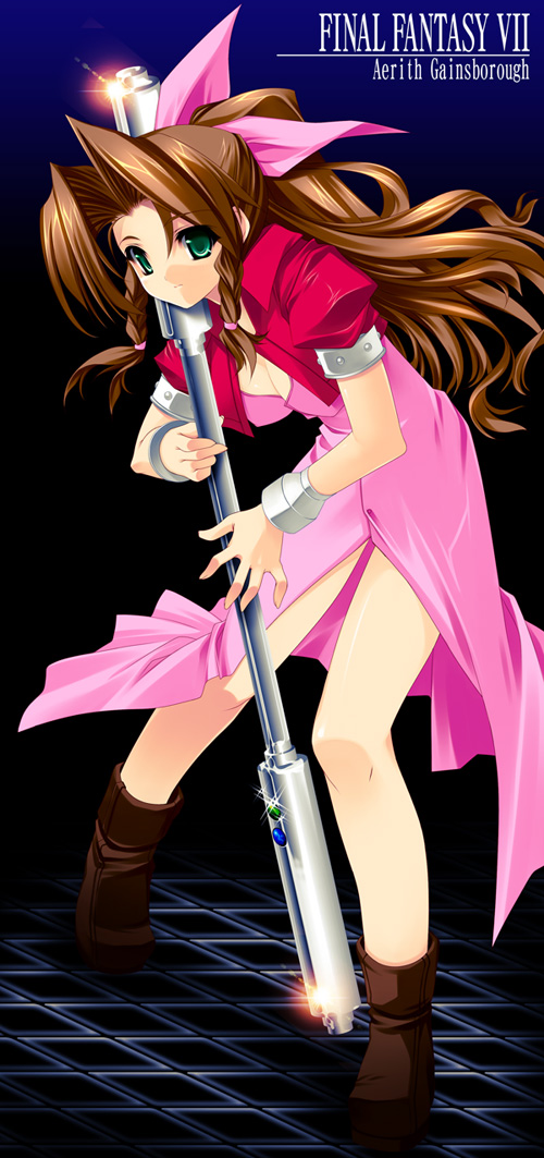 kinoshita ichi, aerith gainsborough, final fantasy, final fantasy vii, 1990s (style), 1girl, bow, brown hair, character name, copyright name, cropped jacket, dress, female focus, green eyes, jacket, long dress, long hair, materia, pink bow, pink dress, retro artstyle, ribbon, solo, staff