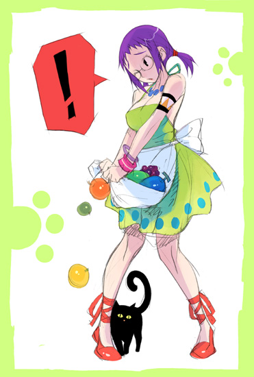 opon, !, 1girl, apron, cat, female focus, food, fruit, ponytail, purple hair, ribbon, skirt basket, solo, surprised