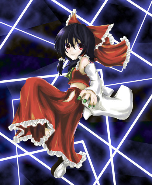 miwa maku, hakurei reimu, touhou, 1girl, black hair, black shoes, bow, female focus, flying, frills, green nails, green scarf, laser, looking at viewer, nail polish, plait, red bow, red eyes, red shirt, red skirt, scarf, shirt, shoes, short hair, skirt, solo