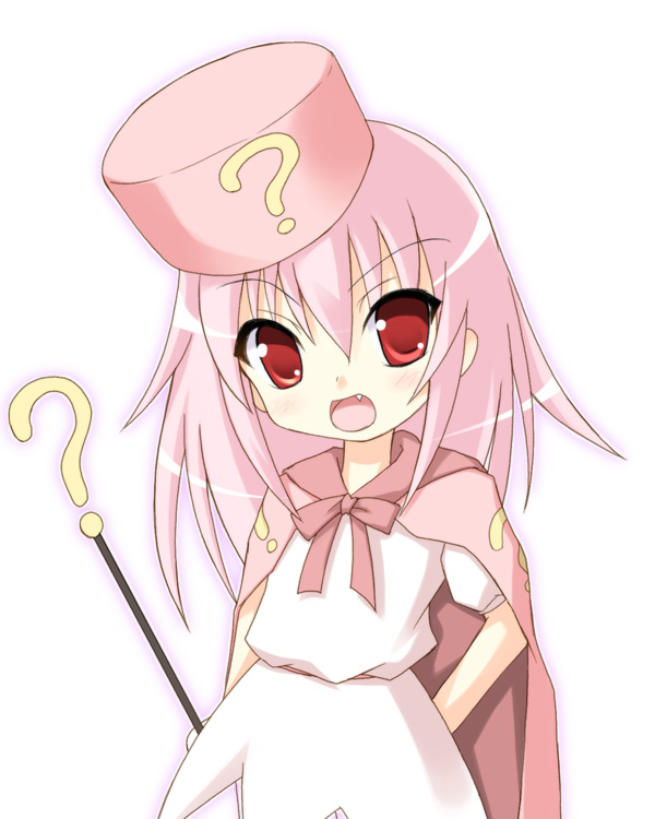 safi, hatena yousei, benesse, 1girl, ?, blush, cape, fang, female focus, hat, long hair, pink hair, pink hat, red eyes, simple background, solo, standing, white background