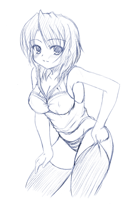 johnny (from scratch), koizumi itsuki, koizumi itsuki (female), suzumiya haruhi no yuuutsu, 00s, 1girl, armpits, blush, breasts, cheerleader, cleavage, covered erect nipples, female focus, genderswap, genderswap (mtf), greyscale, large breasts, monochrome, no pants, panties, short hair, sideboob, smile, solo, striped clothes, striped panties, tank top, thighhighs, underwear