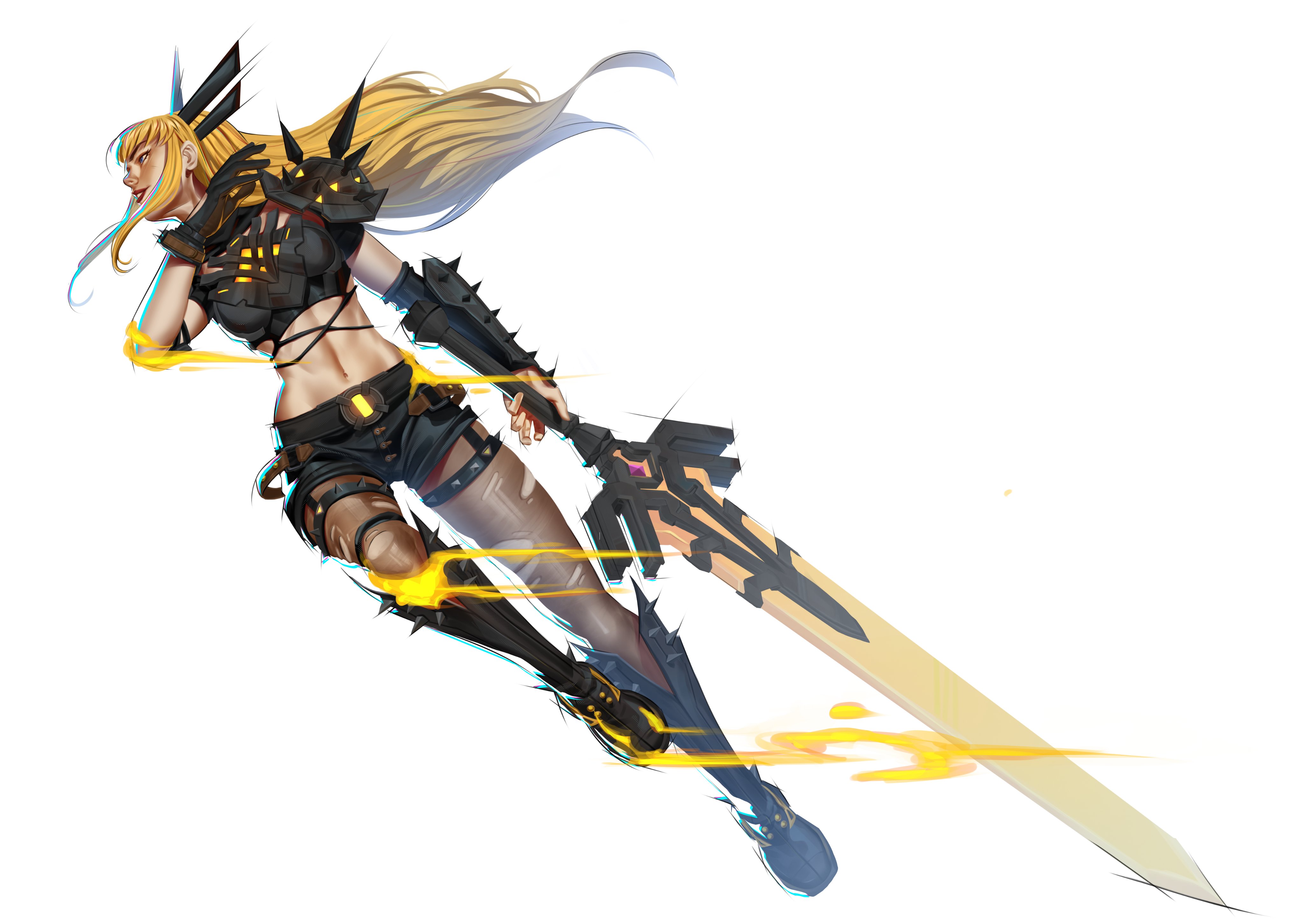 nsfwpork, magik (x-men), marvel, marvel rivals, absurdres, highres, 1girl, black boots, black shorts, blonde hair, blue eyes, boots, full body, holding, holding sword, holding weapon, long hair, midriff, navel, short shorts, shorts, simple background, solo, sword, weapon, white background