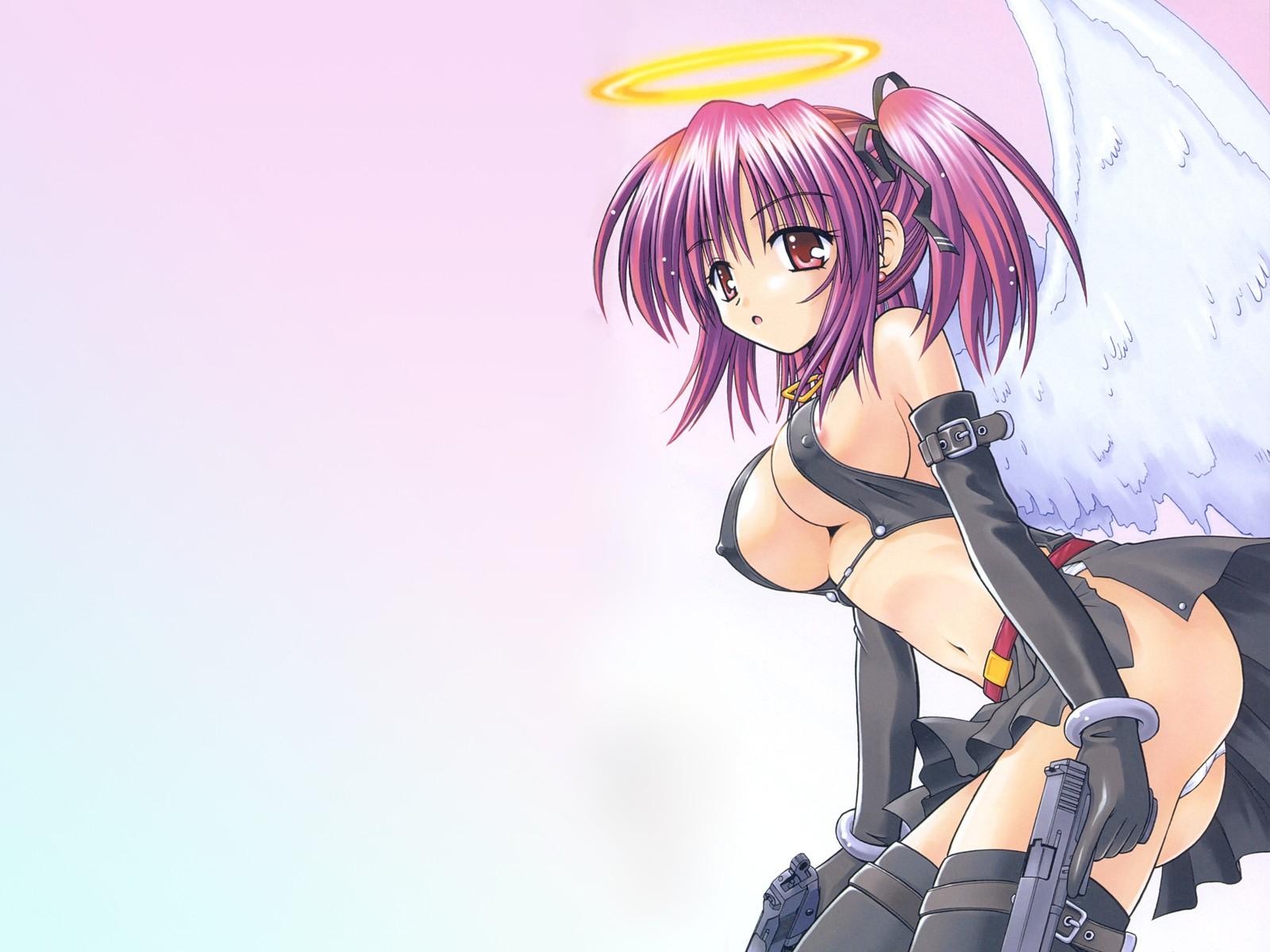 matra milan, hoshiyumi chiseri, angelical pendulum, highres, 1girl, angel, ass, belt, bow, bracelet, breasts, cleavage, covered erect nipples, dual wielding, elbow gloves, female focus, gloves, gradient background, gun, hair bow, halo, handgun, holding, jewelry, midriff, miniskirt, nipples, pistol, purple hair, red eyes, semi-automatic pistol, sideboob, skirt, solo, thighhighs, trigger discipline, twintails, underboob, weapon, wings
