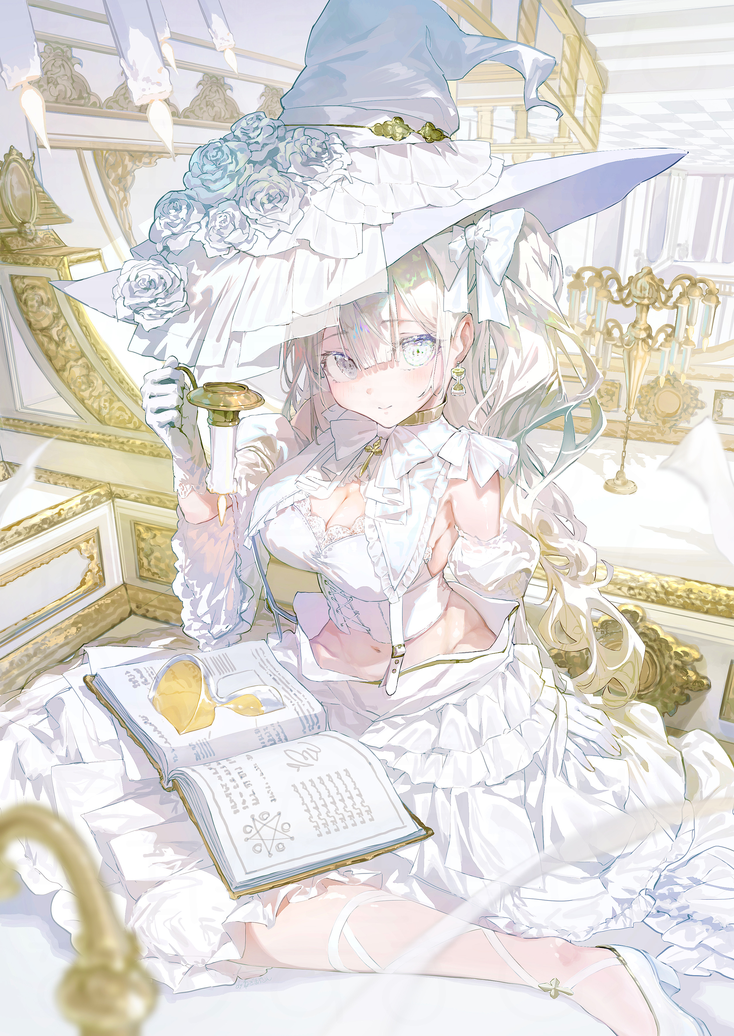 negimapurinn, original, absurdres, highres, 1girl, blush, book, bow, breasts, candle, cleavage, closed mouth, corset, earrings, flower, frills, gloves, grey eyes, hair between eyes, hat, hat flower, holding, holding candle, hourglass, jewelry, large breasts, long hair, long sleeves, looking at viewer, midriff, mirror, navel, shirt, shoes, sitting, skirt, smile, solo, upside-down, wariza, white bow, white corset, white gloves, white hair, white shirt, white skirt, witch, witch hat