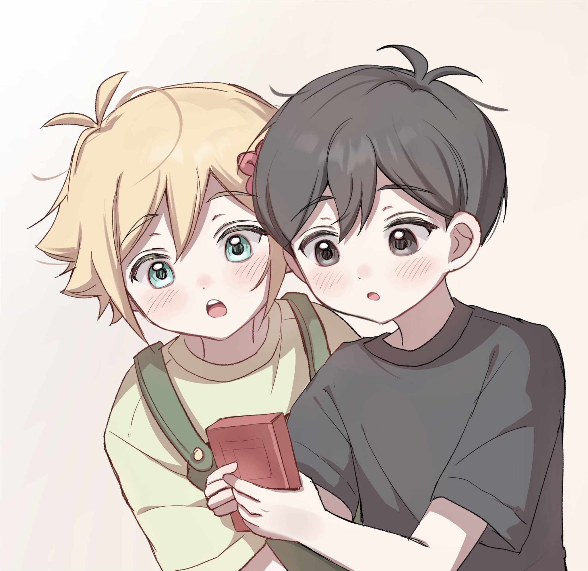 basil (faraway) (omori), basil (omori), sunny (omori), omori, highres, 2boys, aged down, alternate costume, antenna hair, black eyes, black hair, black shirt, blonde hair, blue eyes, blush, brown background, double-parted bangs, flower, green overalls, green shirt, hair between eyes, hair flower, hair ornament, handheld game console, holding, holding handheld game console, male focus, multiple boys, open mouth, overalls, shirt, short hair, short sleeves, simple background, t-shirt, teeth, upper teeth only, wktdms1