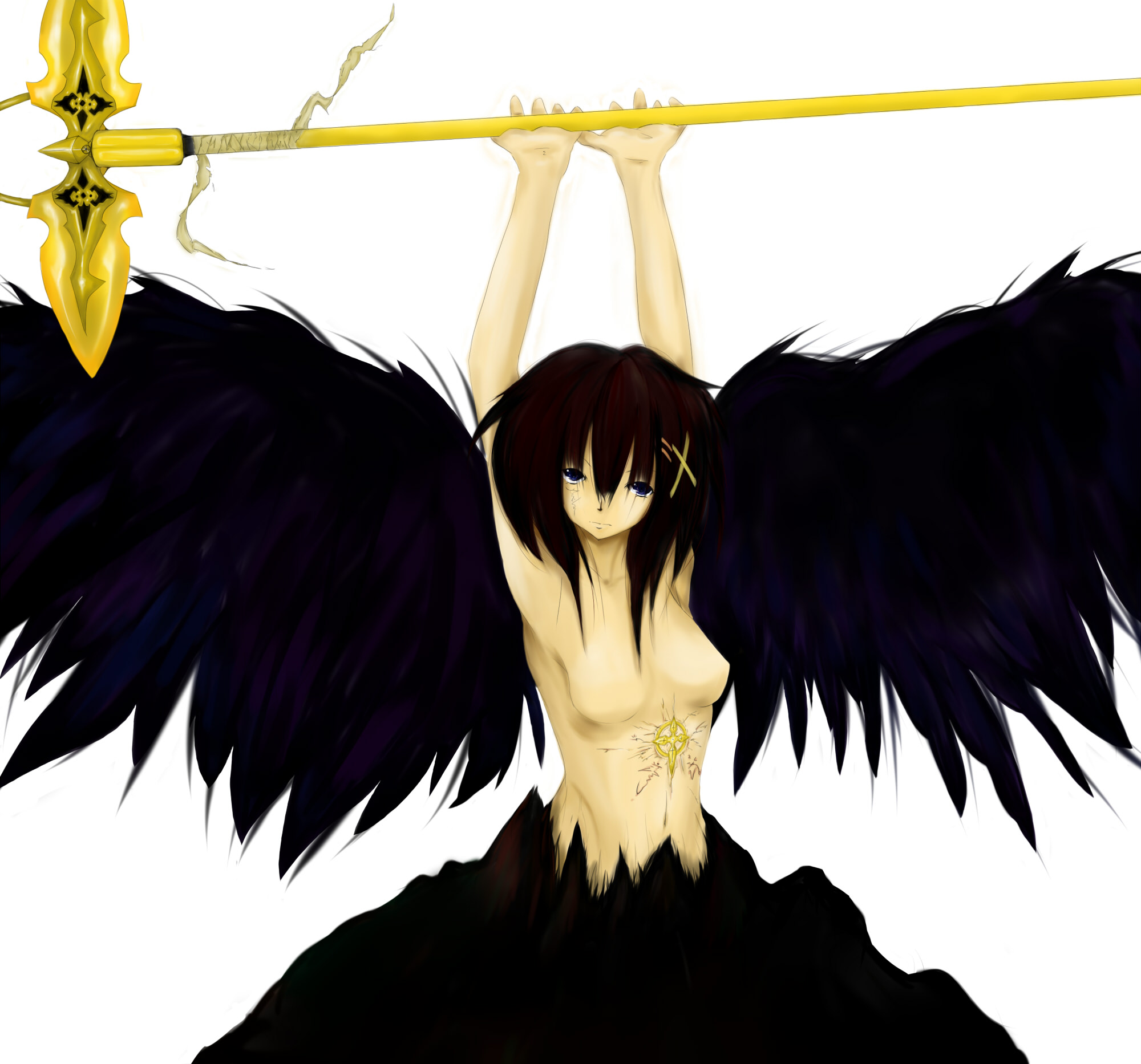 schwertkreuz, yagami hayate, lyrical nanoha, mahou shoujo lyrical nanoha, mahou shoujo lyrical nanoha a's, highres, 00s, 1girl, female focus, hair ornament, solo, staff, wings, x hair ornament