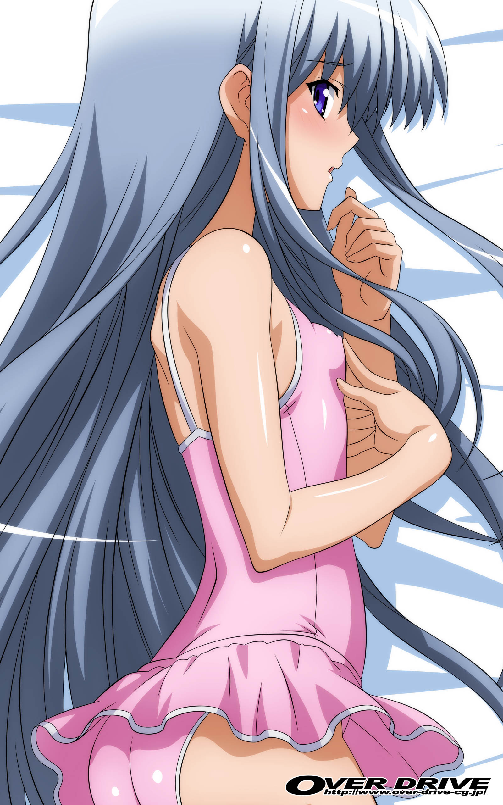 sugimura tomokazu, anzelotte, night wizard, frilled swimsuit, absurdres, highres, non-web source, 00s, 1girl, blue eyes, blush, casual one-piece swimsuit, covered erect nipples, female focus, flat chest, frills, grey hair, long hair, lying, on side, one-piece swimsuit, solo, swimsuit, very long hair, watermark