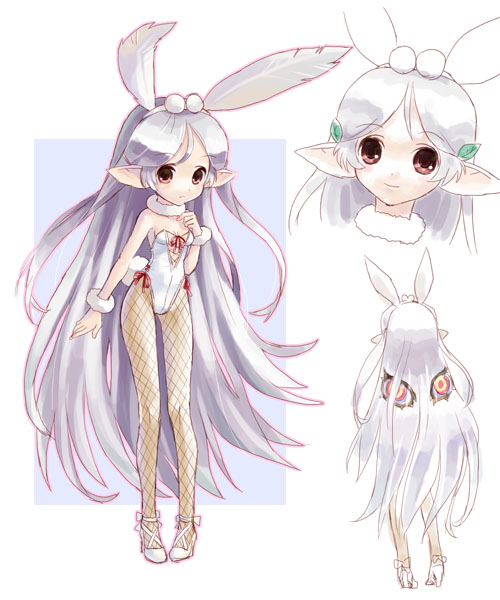 katahira masashi, original, 1girl, animal ears, brown eyes, fake animal ears, fishnet pantyhose, fishnets, high heels, multiple views, pantyhose, playboy bunny, pointy ears, purple hair, rabbit ears, shoes