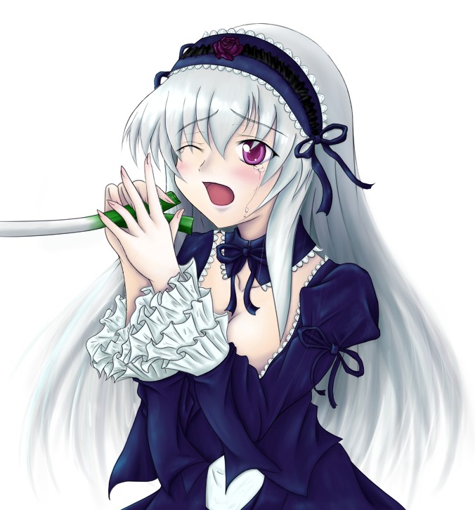 gr (artist), suigintou, rozen maiden, silver hair, 00s, 1girl, ;o, blush, breasts, cleavage, crying, detached collar, female focus, frilled sleeves, frills, gothic lolita, hairband, lolita fashion, lolita hairband, long hair, long sleeves, one eye closed, open mouth, pink eyes, sexually suggestive, simple background, solo, spring onion, tears, white background, wince