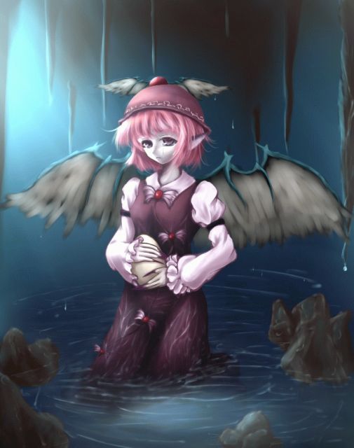 gr (artist), mystia lorelei, touhou, 1girl, animal ears, cave, claws, dress, egg, female focus, fingernails, grey eyes, hat, nail polish, pale skin, pink hair, rock, short hair, solo, water, wet, wet clothes, wings