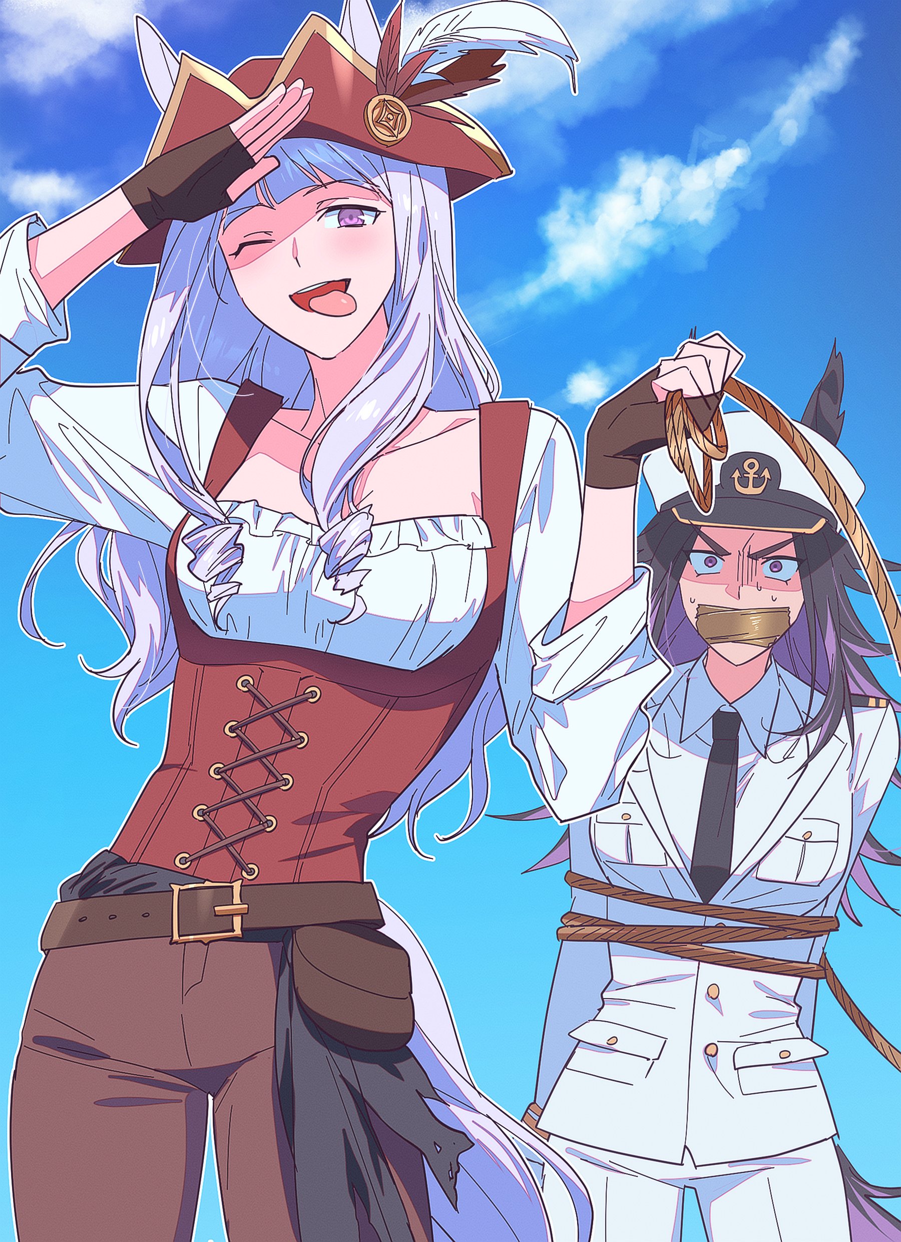 k1ngcra3, fenomeno (umamusume), gold ship (umamusume), umamusume, absurdres, highres, animal ears, black hair, black necktie, blue sky, blunt bangs, blush, bound, breasts, brown gloves, brown pants, cloud, collarbone, collared shirt, corset, ears through headwear, feathers, fingerless gloves, flipped hair, gag, gloves, grey hair, hat, hat feather, horse ears, horse girl, horse tail, improvised gag, jacket, long hair, long sleeves, looking at viewer, multicolored hair, multiple girls, necktie, open mouth, outdoors, pants, pirate, pirate hat, purple eyes, purple hair, red corset, rope, sailor hat, shirt, sky, smile, tail, tape, tape gag, teeth, tied up (nonsexual), tongue, tongue out, upper teeth only, white jacket, white pants, white shirt
