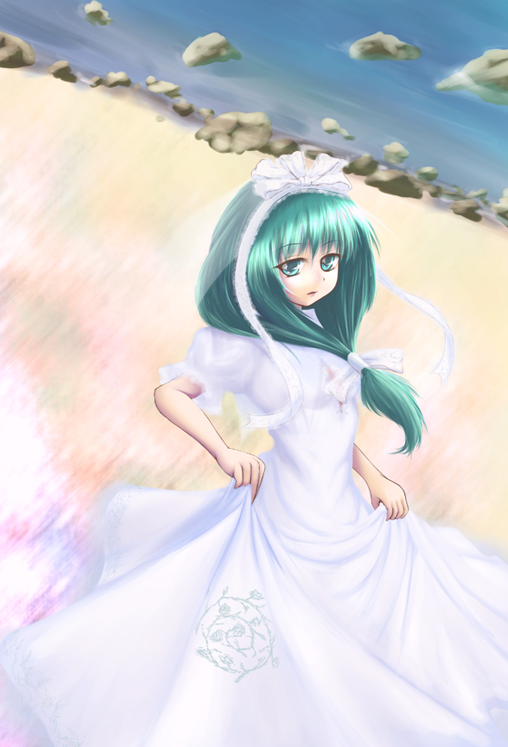 gr (artist), hong meiling, kagiyama hina, touhou, 1girl, beach, dress, female focus, front ponytail, green eyes, green hair, looking at viewer, matching hair/eyes, ocean, outdoors, puffy short sleeves, puffy sleeves, rock, sand, shore, short hair, short sleeves, solo, standing, wedding dress, white dress