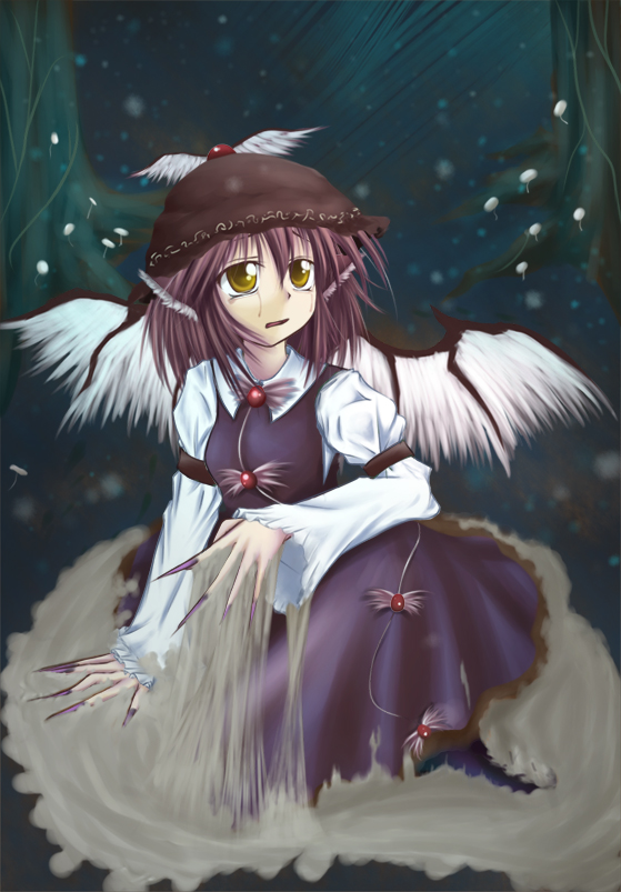 gr (artist), mystia lorelei, touhou, 1girl, animal ears, claws, female focus, looking up, night, sitting, solo, tears, wings, yellow eyes