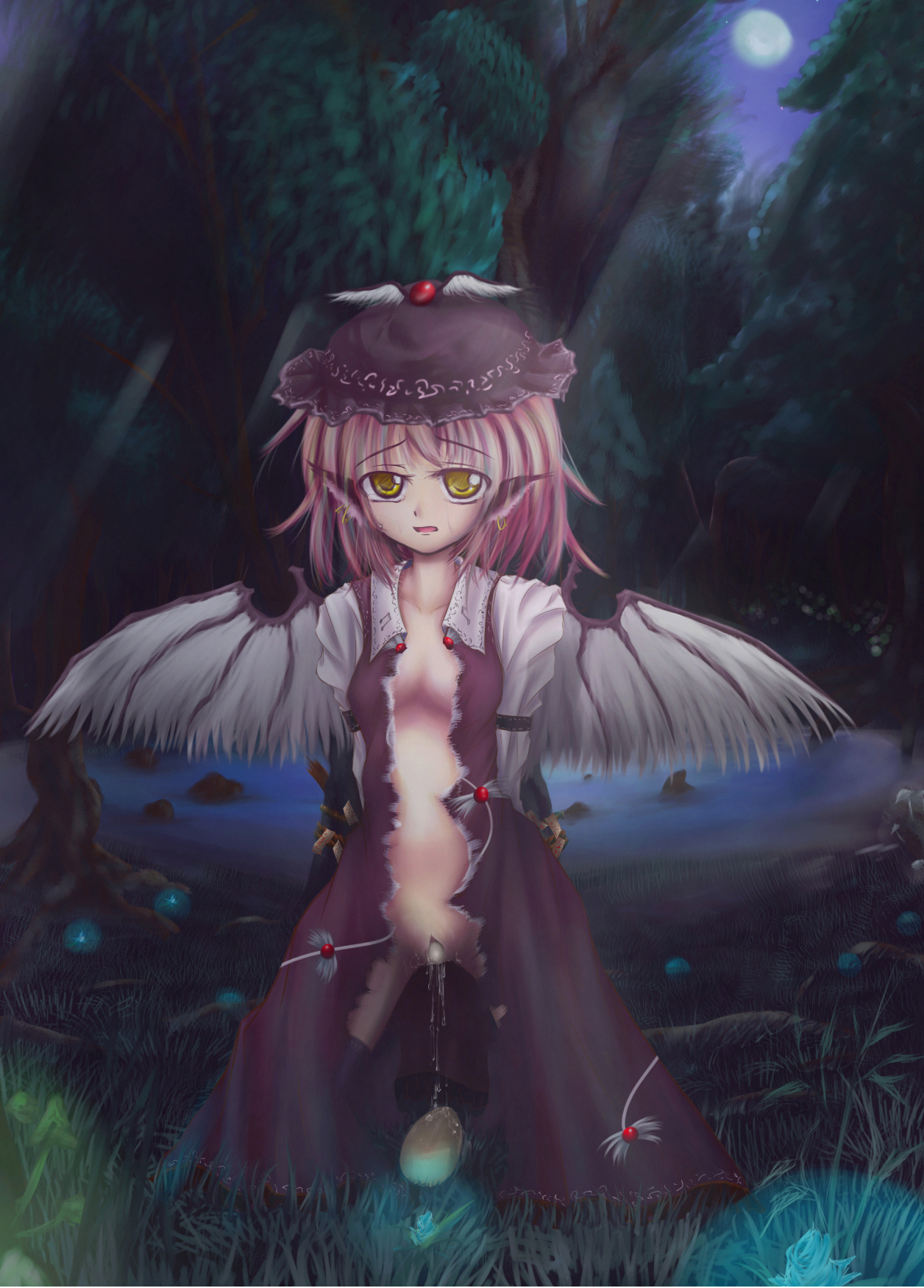 gr (artist), mystia lorelei, touhou, highres, 1girl, egg, egg laying, female focus, hat, pink hair, smile, solo, wings