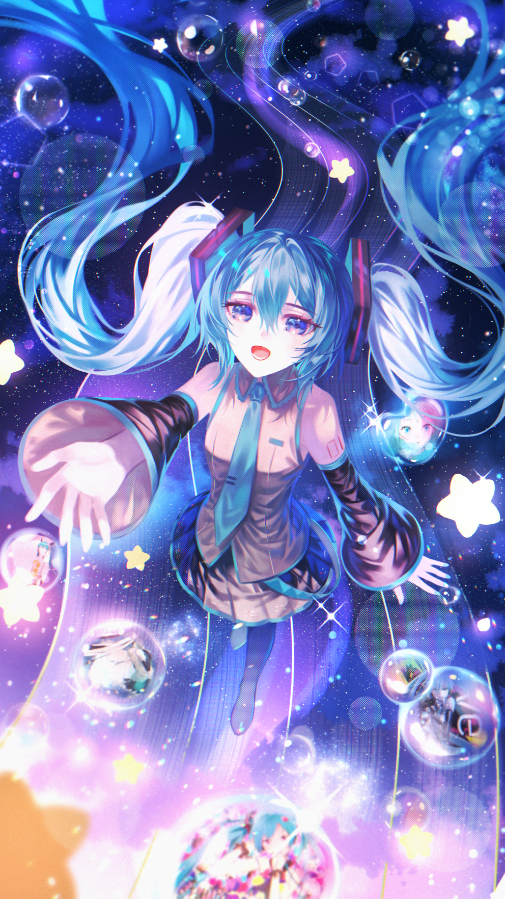 theazureciel, hatsune miku, vocaloid, highres, 1girl, arm tattoo, blue eyes, blue hair, blue nails, blue necktie, blue trim, boots, collared shirt, hair between eyes, hair ornament, long hair, miniskirt, necktie, number tattoo, open mouth, pleated skirt, shirt, skirt, sky, sleeveless, sleeveless shirt, smile, solo, star (sky), star (symbol), starry sky, tattoo, thigh boots, twintails, very long hair