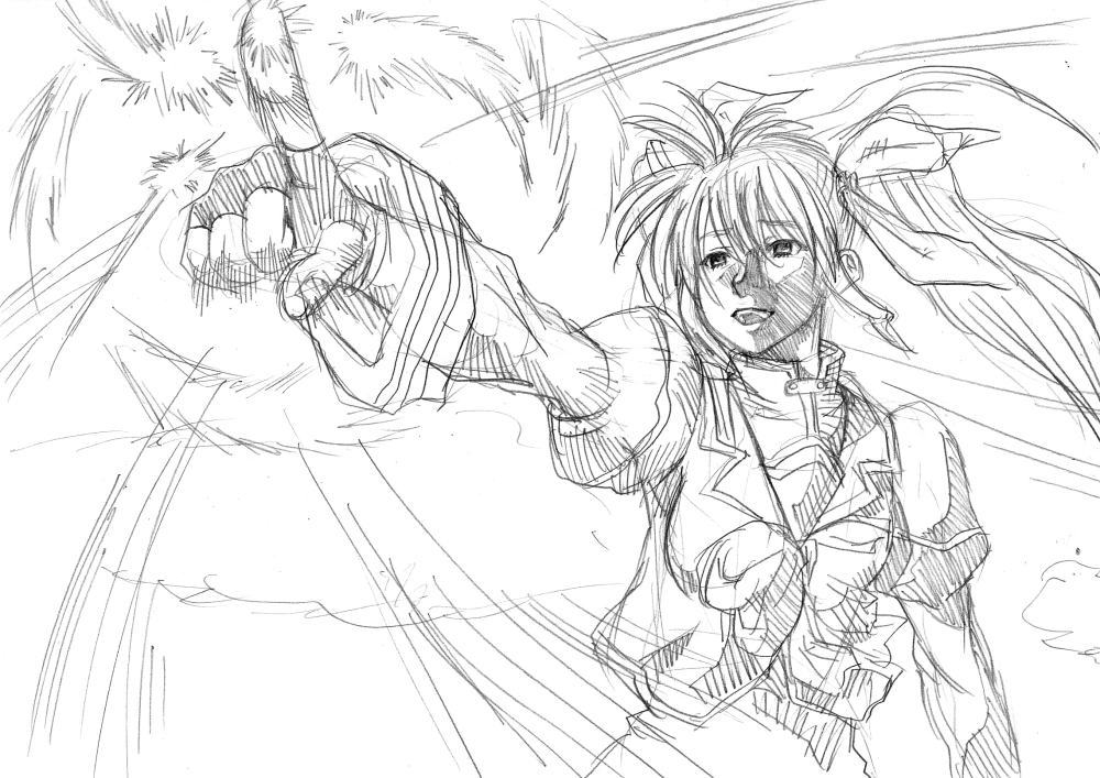 toryuu, takamachi nanoha, hades project zeorymer, lyrical nanoha, mahou shoujo lyrical nanoha, mahou shoujo lyrical nanoha strikers, 1girl, bow, cool your head, female focus, fingerless gloves, gloves, greyscale, magical girl, monochrome, parody, sketch, solo, twintails, what, white devil