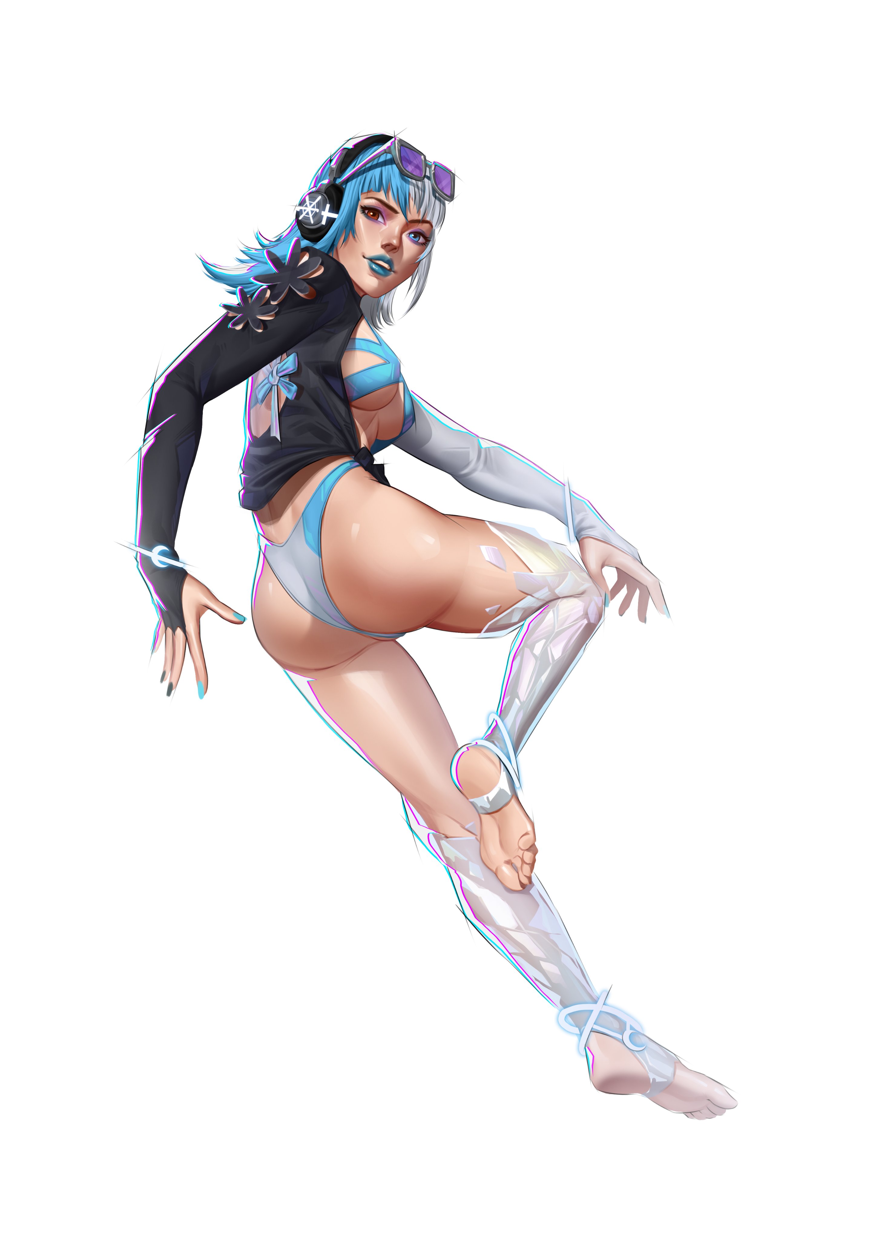 nsfwpork, luna snow, luna snow (cool summer), marvel, marvel rivals, absurdres, highres, 1girl, blue eyes, blue hair, blue lips, brown eyes, eyewear on head, full body, headphones, heterochromia, looking at viewer, multicolored hair, official alternate costume, purple-tinted eyewear, simple background, split-color hair, tinted eyewear, two-tone hair, white background, white hair