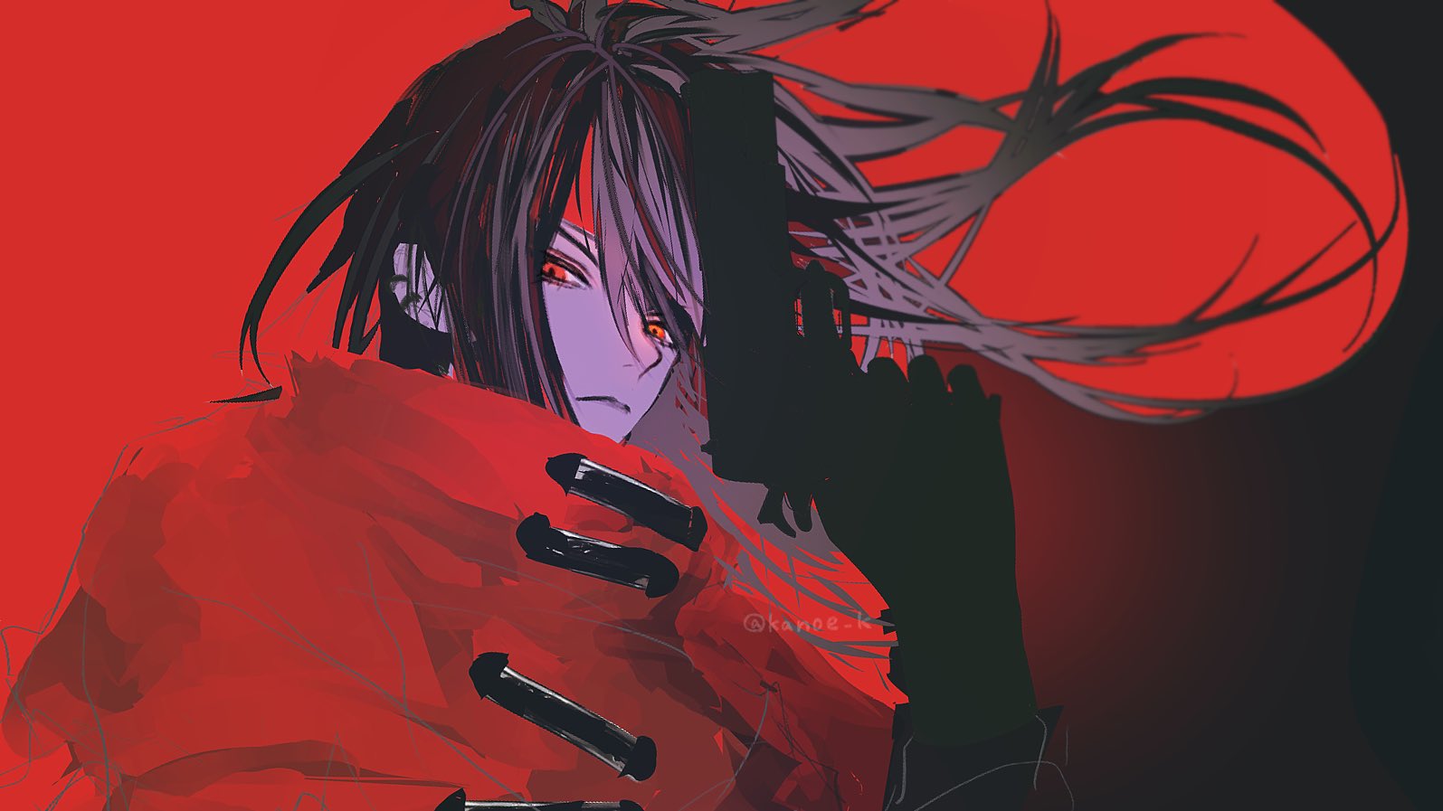 kanoe k, vincent valentine, final fantasy, final fantasy vii, 1boy, black hair, cloak, gun, hair between eyes, handgun, headband, holding, holding gun, holding weapon, long hair, looking at viewer, male focus, red background, red cloak, red eyes, red headband, simple background, upper body, weapon