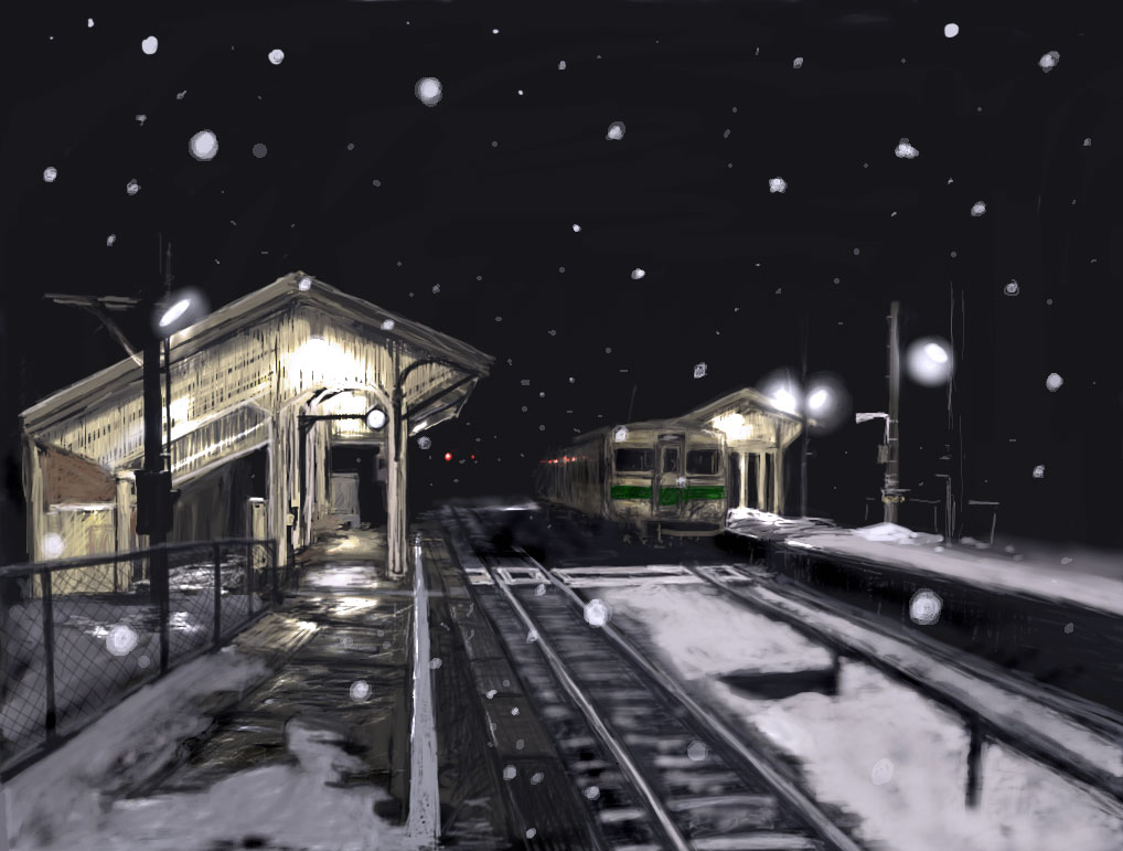 koromoya, lights, multiple unit train, night, no humans, scenery, snow, train, train station