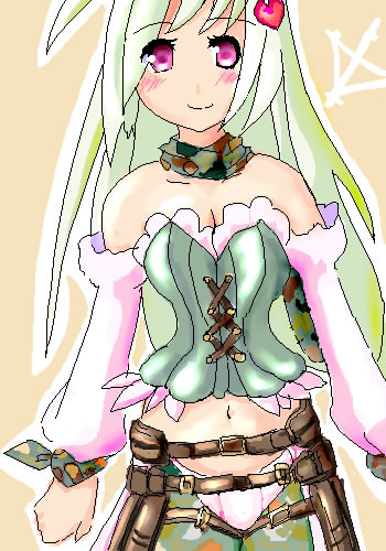 eternalspherex, ranger, ranger (ragnarok online), ragnarok online, lowres, 1girl, bare shoulders, belt, breasts, buckle, cleavage, collar, collarbone, corset, detached sleeves, female focus, long sleeves, looking at viewer, oekaki, solo, standing, strapless