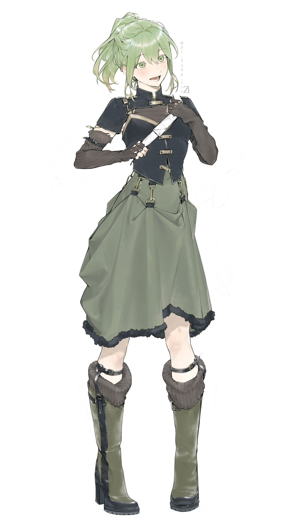 cheng (zi74438982), original, highres, 1girl, arm belt, artist name, belt, belt buckle, black arm warmers, black belt, black shirt, boots, buckle, dagger, frilled skirt, frills, full body, fur-trimmed boots, fur trim, gold buckle, green boots, green eyes, green hair, green skirt, hair between eyes, happy, high-waist skirt, holding, holding dagger, holding knife, holding weapon, knee boots, knees, knife, layered shirt, leg belt, light blush, looking ahead, lower teeth only, medium skirt, multiple belts, open mouth, ponytail, sheath, sheathed, shirt, short hair, short sleeves, sidelocks, simple background, skirt, smile, solo, standing, teeth, weapon, white background