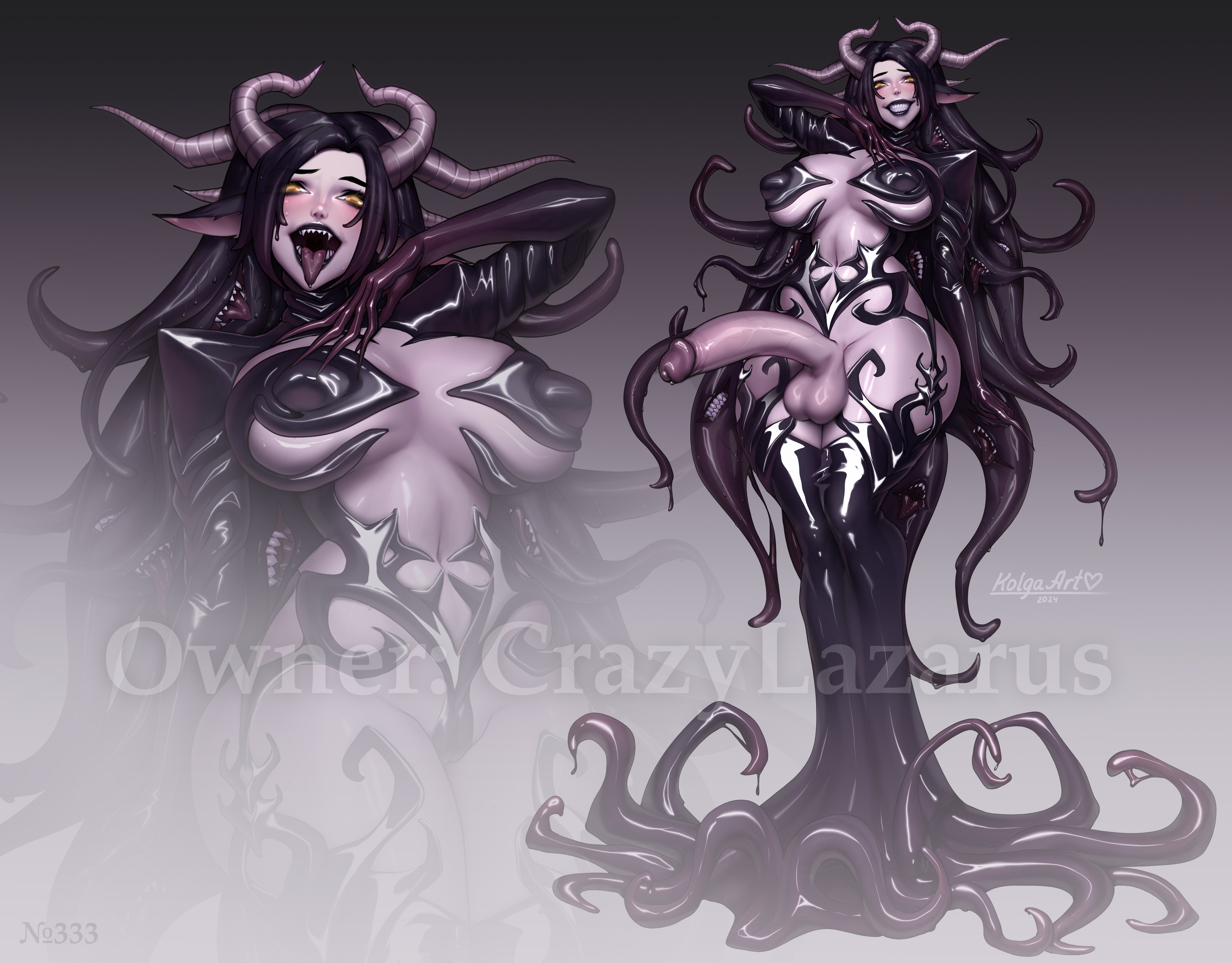 kolga art, highres, 1girl, black hair, black lips, breasts, colored sclera, colored skin, covered erect nipples, demon girl, demon horns, erection, futanari, horns, large breasts, long hair, looking at viewer, monster girl, navel, open mouth, penis, pointy ears, purple skin, smile, teeth, tentacle hair, tentacles, testicles, tongue, tongue out, uncensored, yellow eyes