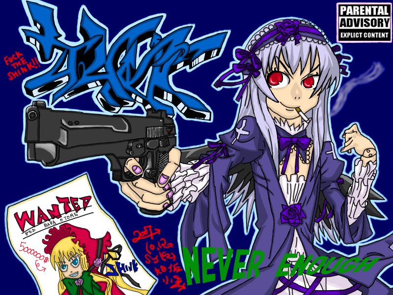 shinku, suigintou, rozen maiden, 00s, cigarette, gun, handgun, pistol, smoking, solo, text focus, weapon
