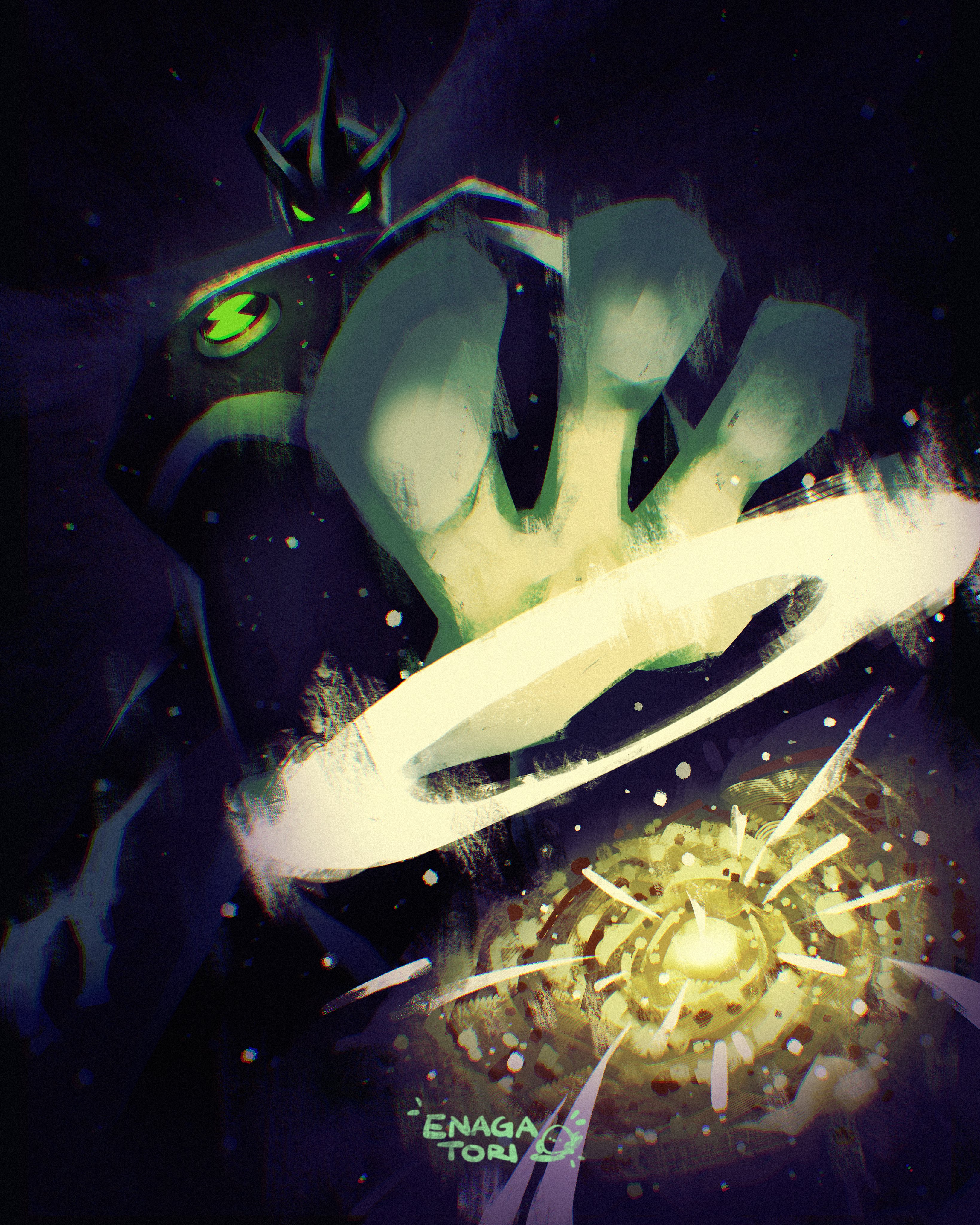 enagatori 38, alien x (ben 10), ben 10, ben 10: alien force, absurdres, commentary, english commentary, highres, 1boy, alien, black skin, colored sclera, colored skin, dark background, energy, foreshortening, galaxy, glowing, glowing eyes, green eyes, green sclera, horns, looking at viewer, male focus, no humans, omnitrix, open hand, signature, solo, space
