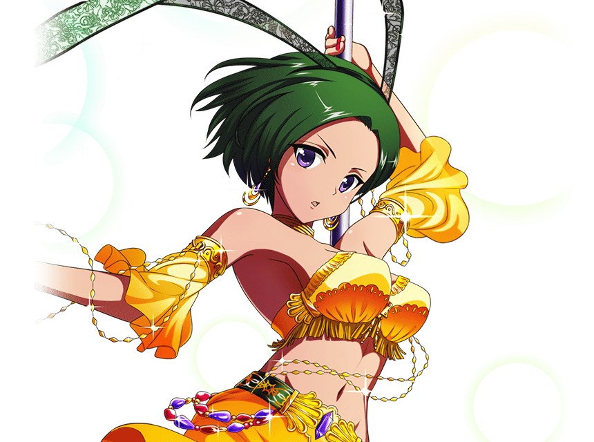 infinite stratos, infinite stratos: archetype breaker, non-web source, official art, 1girl, arabian clothes, bare shoulders, breasts, chain, dancer, dark skin, detached sleeves, earrings, green hair, jewelry, large breasts, midriff, nail polish, navel, purple eyes, short hair, solo, tan, vishnu isa galaxy