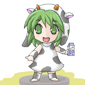 lowres, 1girl, animal ears, animal print, chibi, cow ears, cow girl, cow print, fake animal ears, fake horns, female focus, food, green eyes, green hair, horns, milk, oekaki, smile, solo