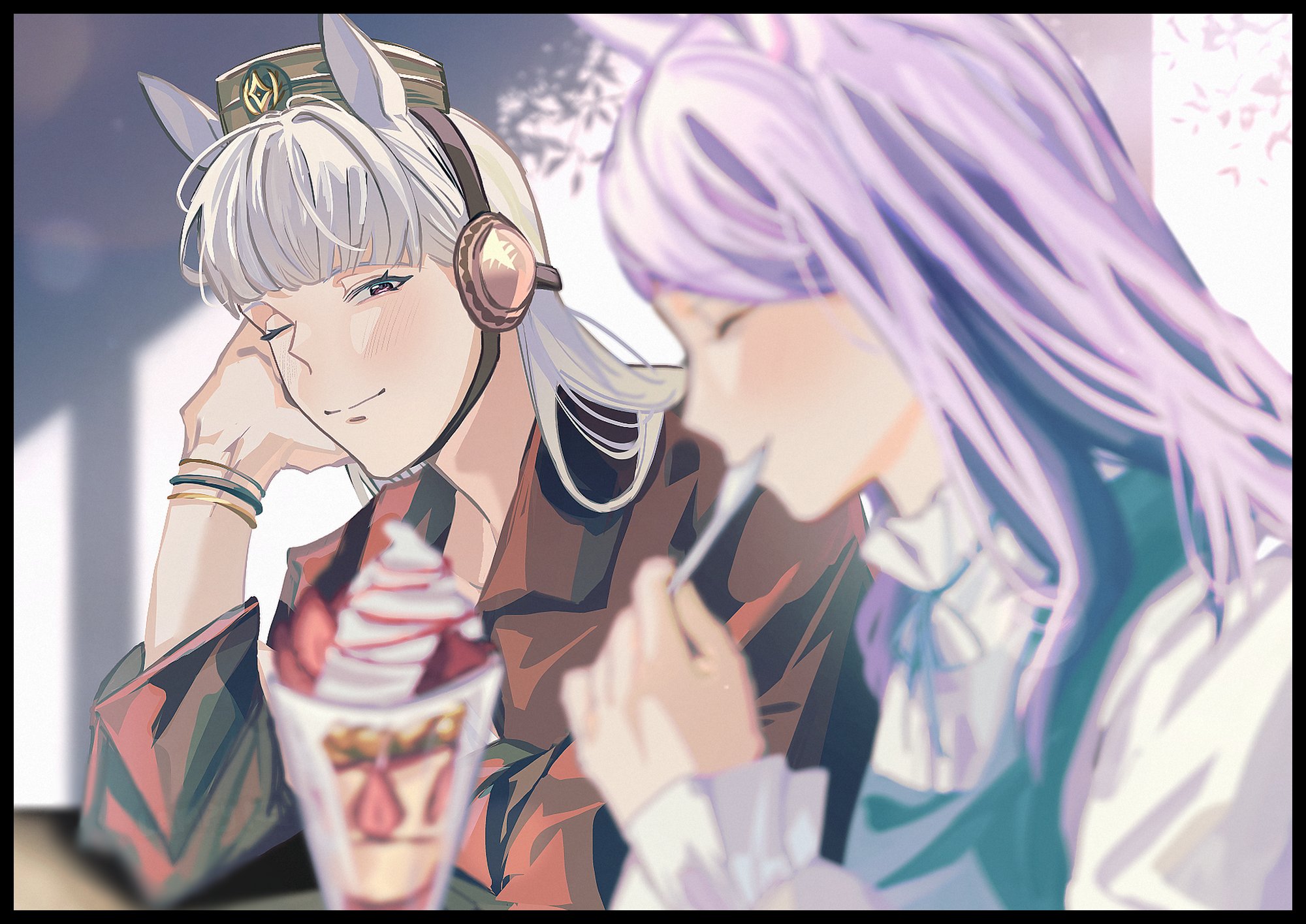 lampy uikoko, gold ship (umamusume), mejiro mcqueen (umamusume), umamusume, highres, 2girls, alternate costume, animal ears, blue dress, blunt bangs, blush, closed eyes, closed mouth, dress, food, grey hair, hat, holding, holding spoon, horse ears, horse girl, jacket, long hair, long sleeves, looking at another, multiple girls, open clothes, open jacket, parfait, pillbox hat, purple eyes, purple hair, red jacket, shirt, smile, spoon, strawberry parfait, utensil in mouth, white dress
