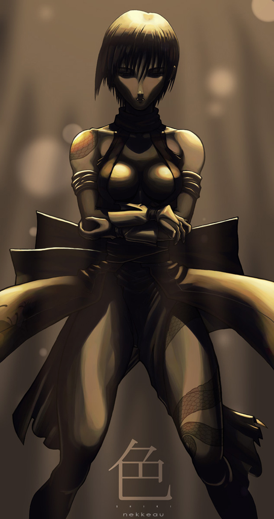 nekkeau, shiki (samurai spirits), samurai spirits, 1girl, black hair, closed eyes, crossed arms, female focus, monochrome, ninja, short hair, solo, very short hair, yellow theme