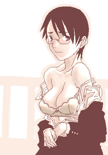 gusu, copyright request, lowres, 1girl, bra, female focus, glasses, lingerie, monochrome, oekaki, pink theme, sepia, solo, underwear